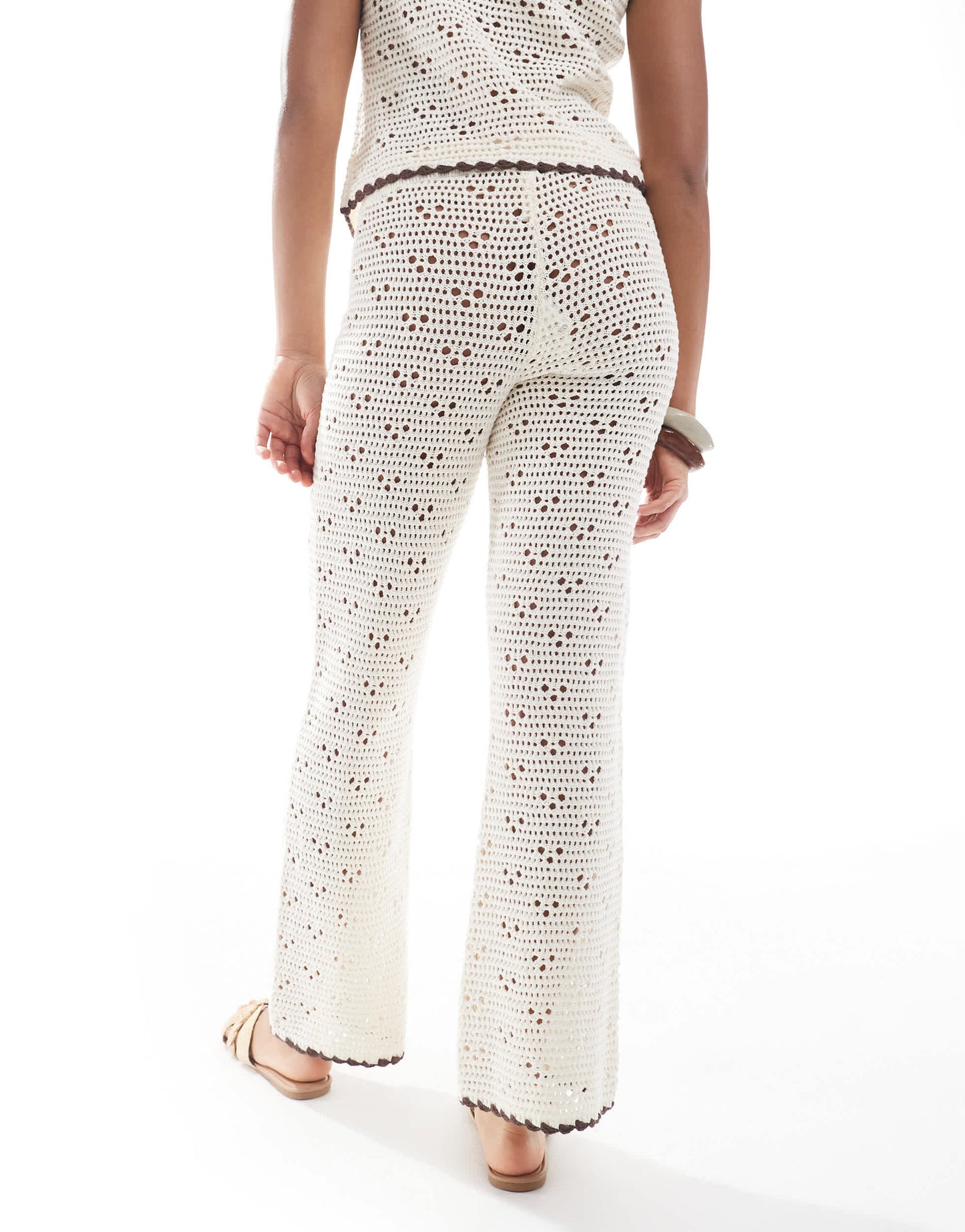 The Frolic exclusive crochet knitted contrast tie wide leg beach trouser co-ord in cream