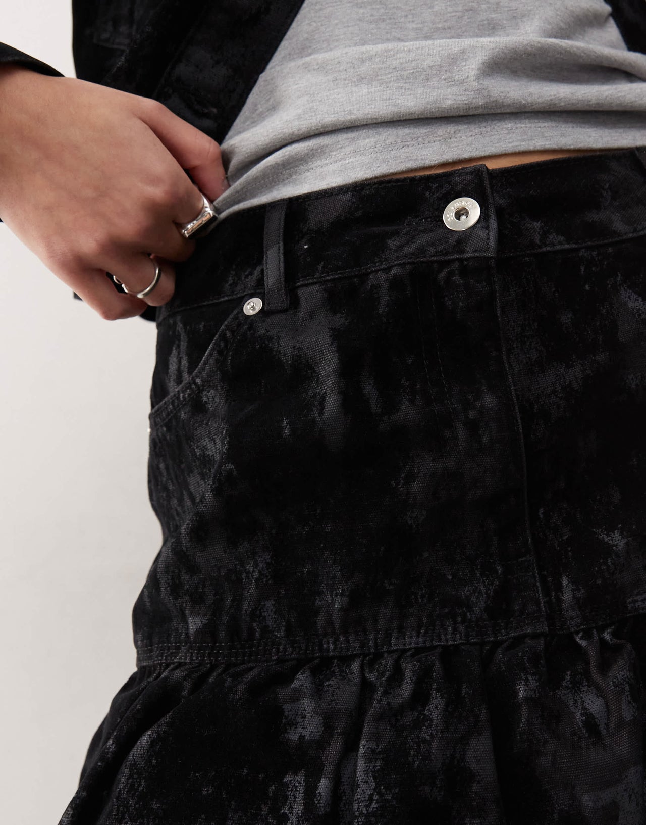 COLLUSION flocked camo print denim bubble skirt co-ord in black