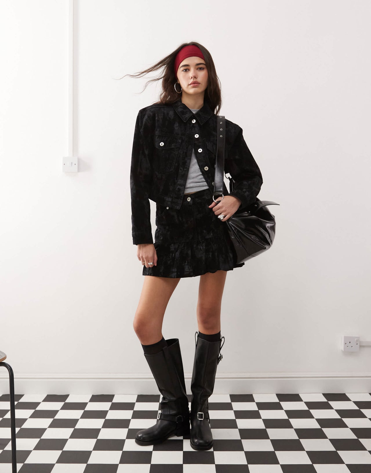 COLLUSION flocked camo print denim jacket co-ord in black