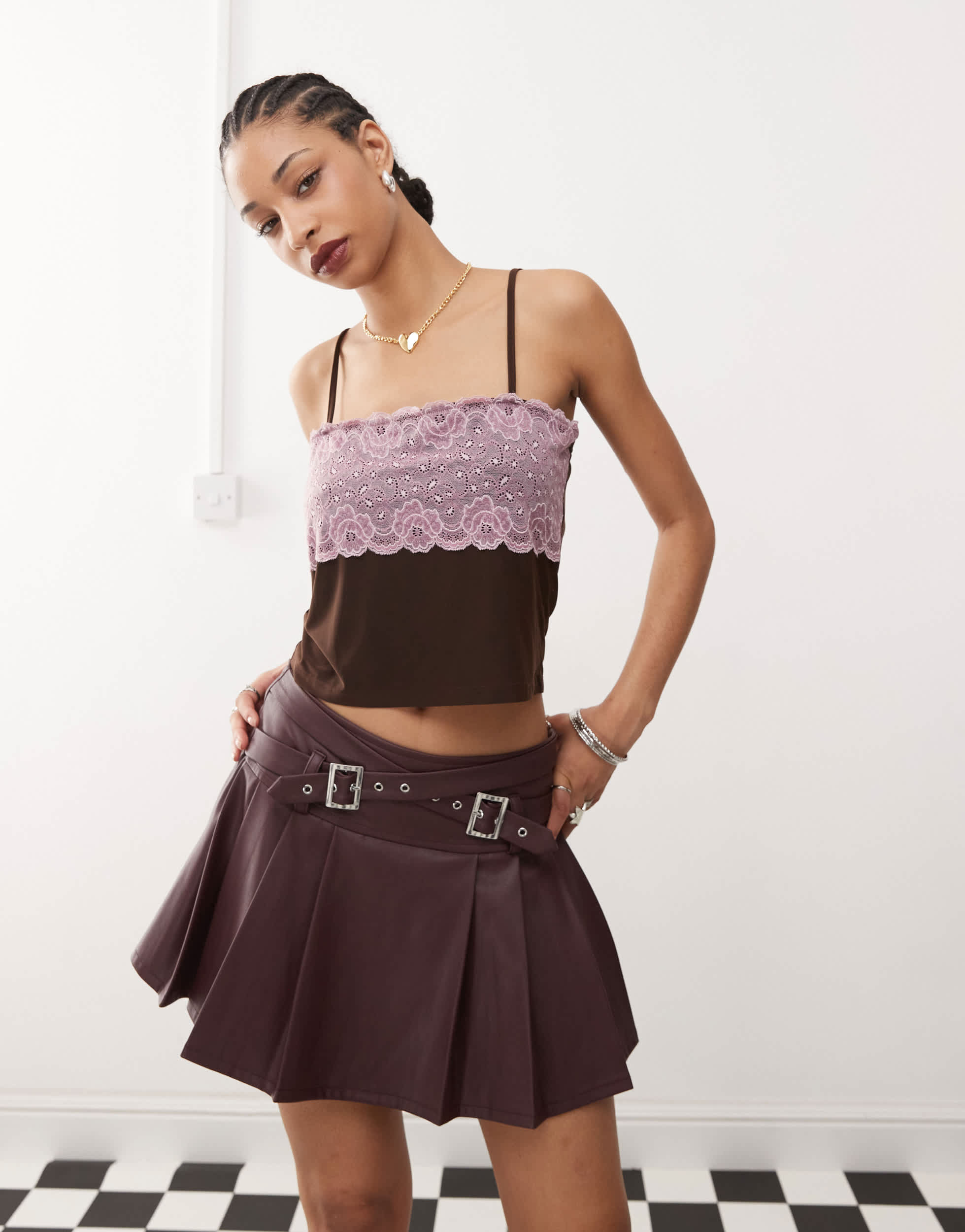 COLLUSION square neck strappy cami in brown mesh with pink lace