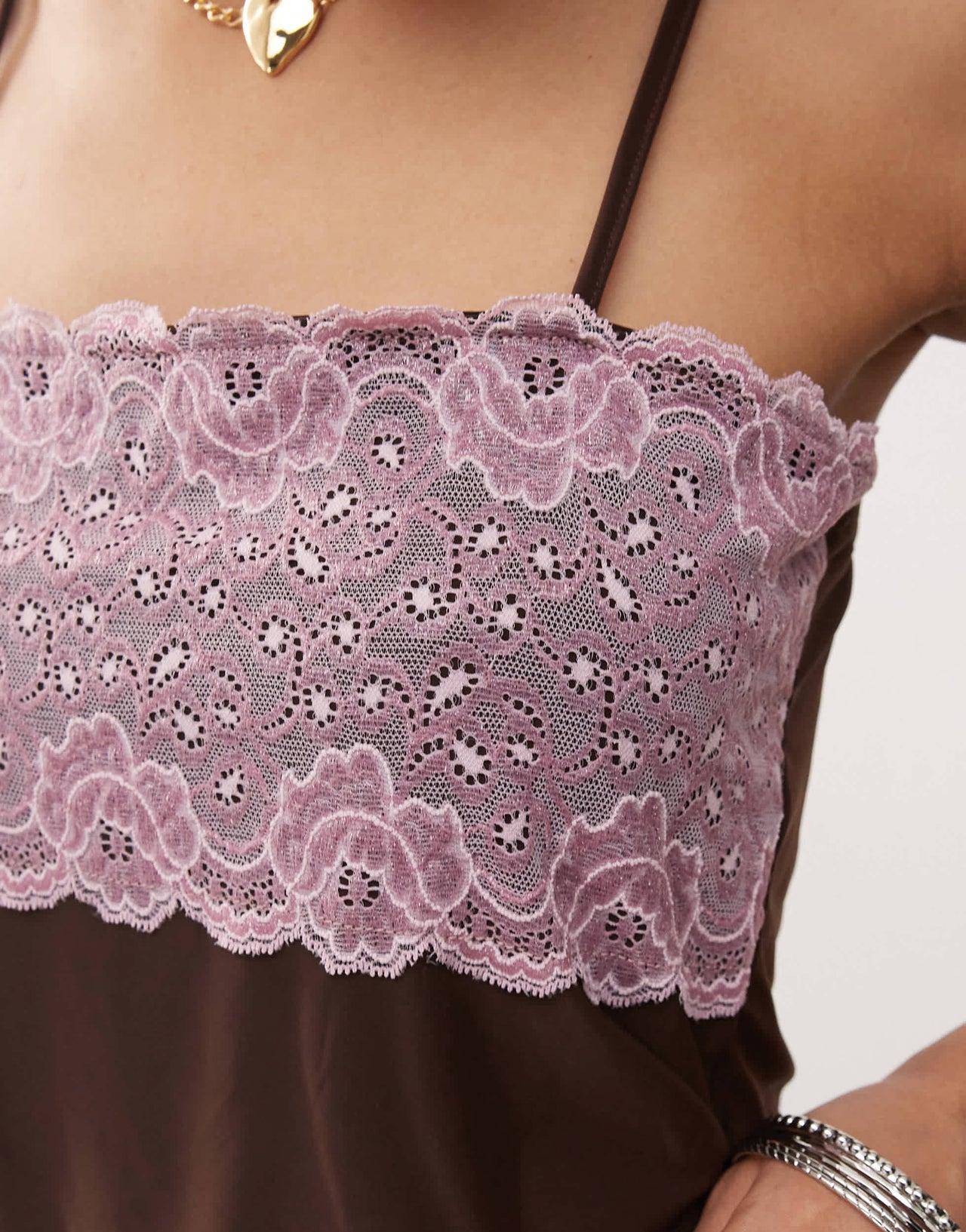 COLLUSION square neck strappy cami in brown mesh with pink lace