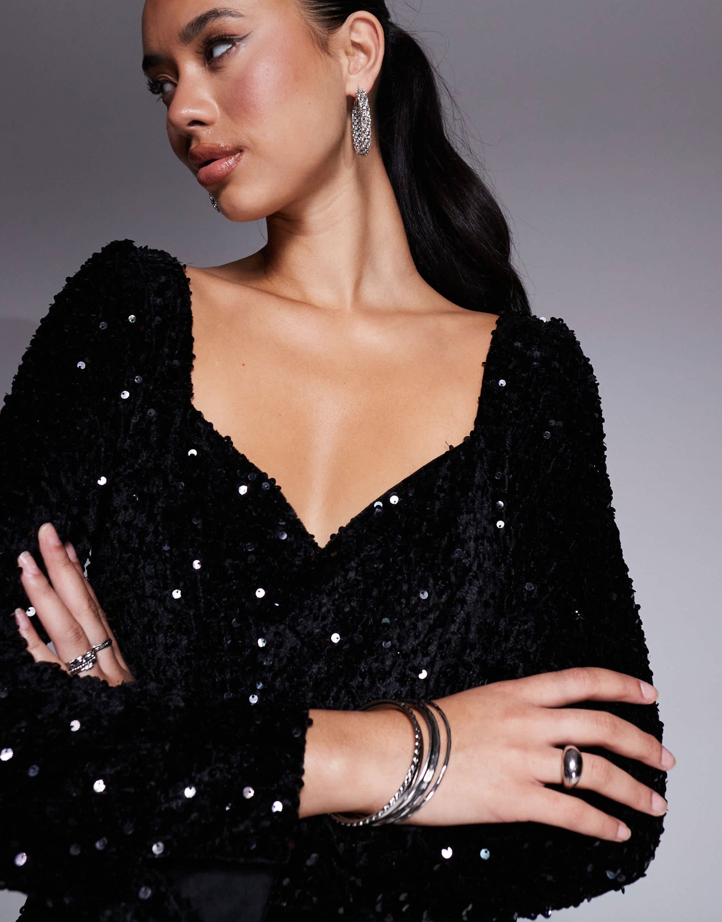 In The Style velvet sequin sweetheart neck mini dress in black