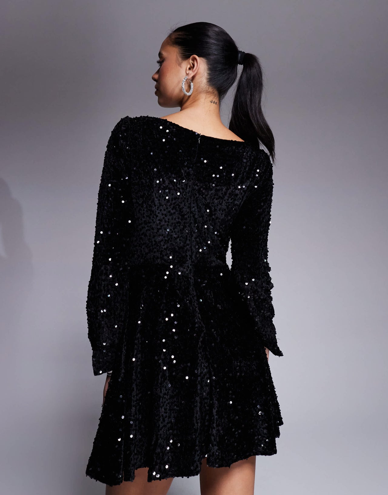 In The Style velvet sequin sweetheart neck mini dress in black
