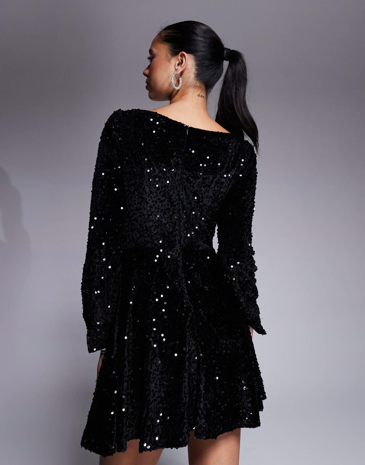 In The Style velvet sequin sweetheart neck mini dress in black