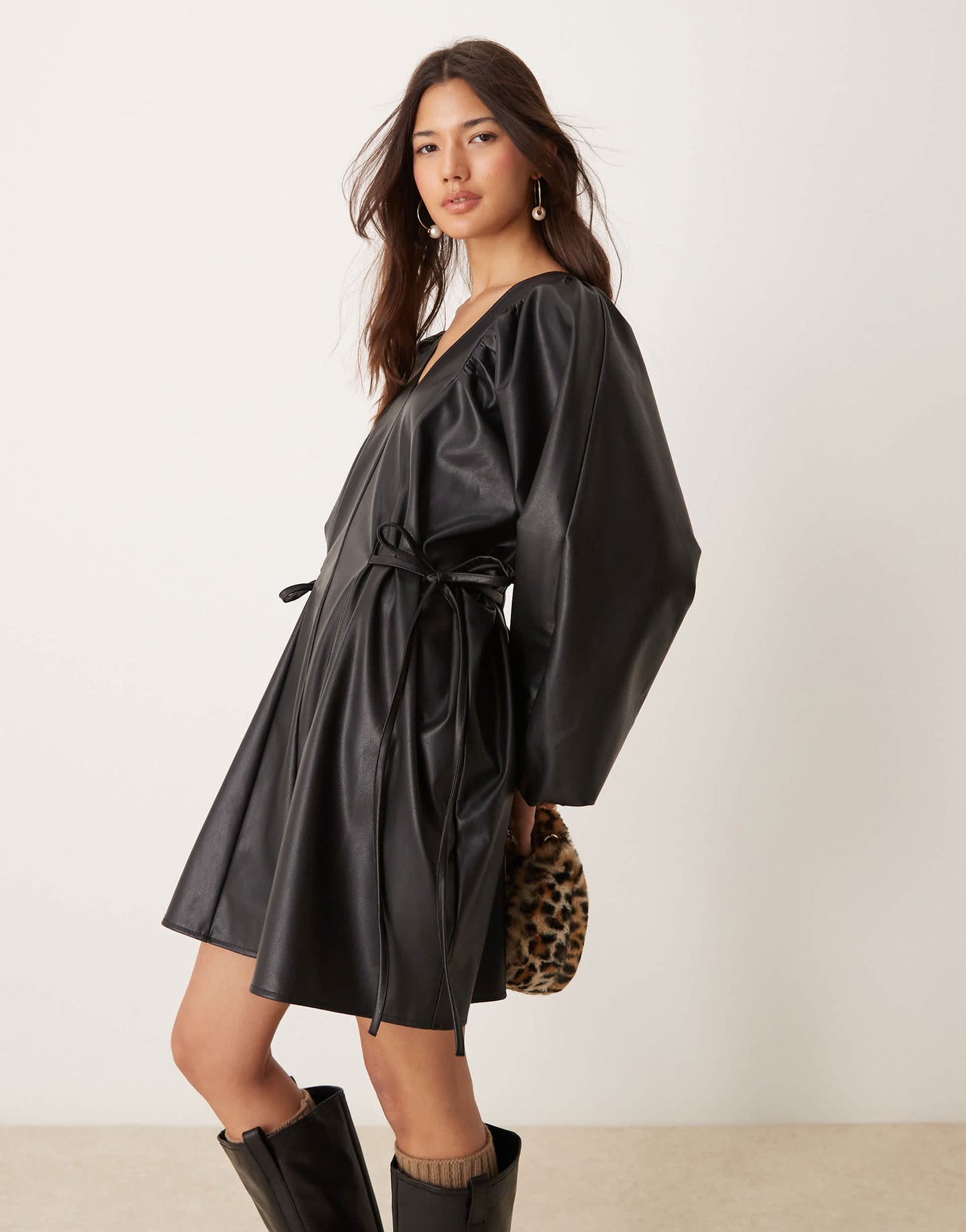 ASOS DESIGN leather look side tie volume smock dress in black