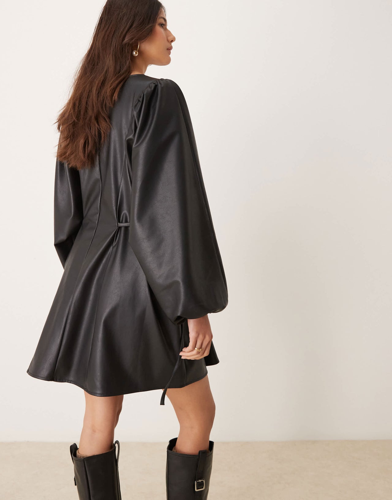 ASOS DESIGN leather look side tie volume smock dress in black