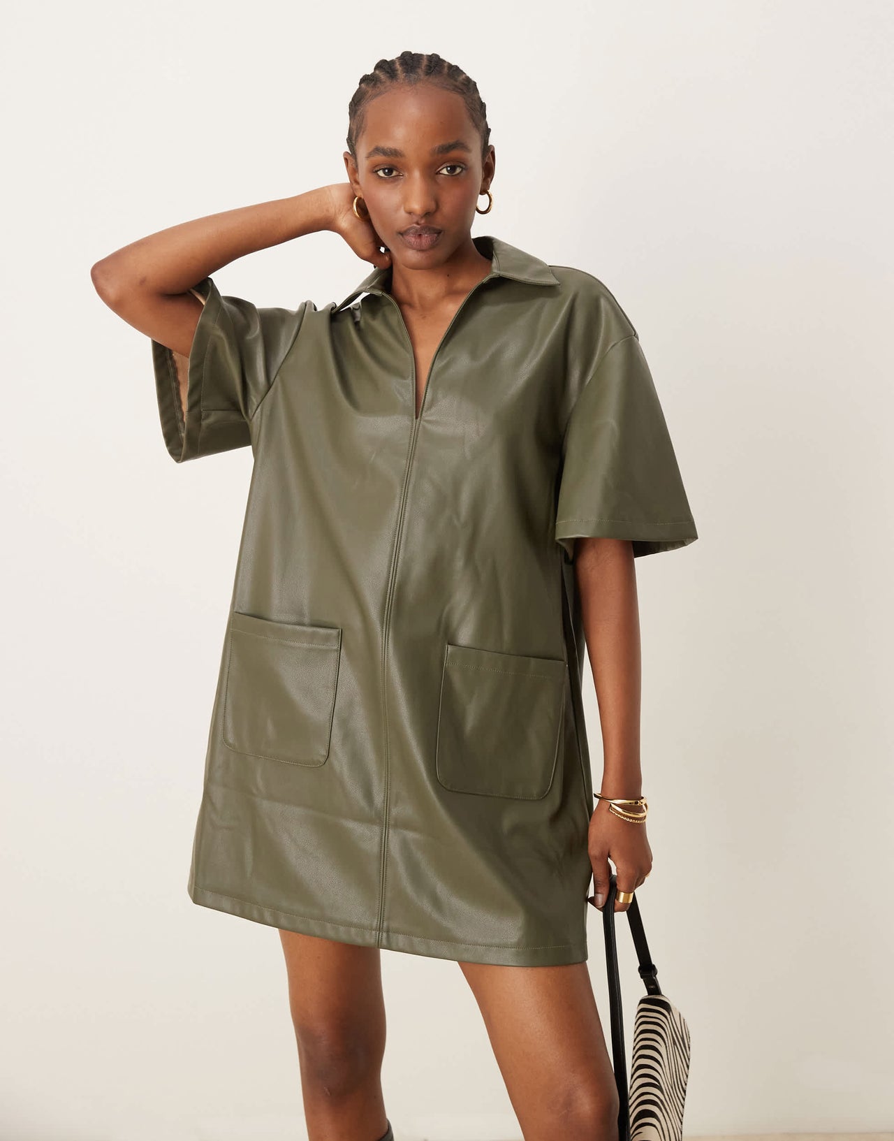 ASOS DESIGN revere collar PU leather look mini shirt dress with contrast stitching in olive