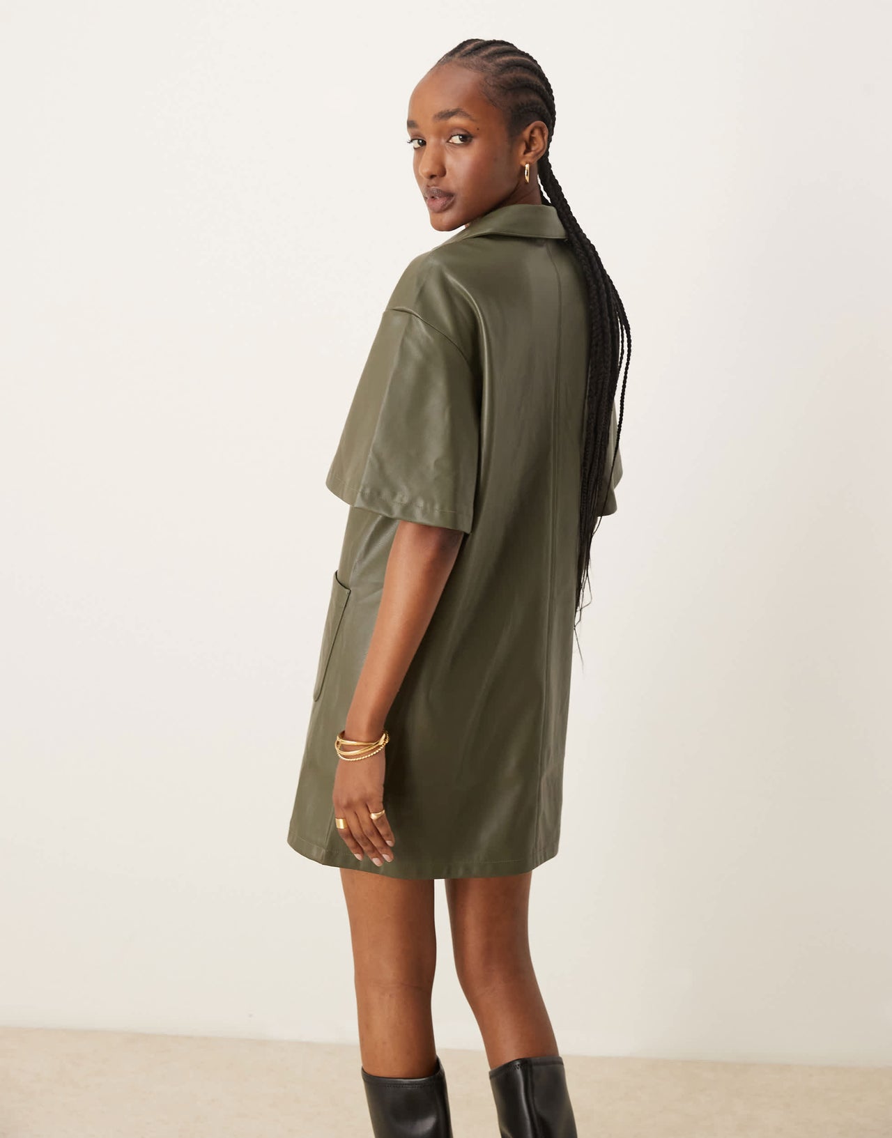 ASOS DESIGN revere collar PU leather look mini shirt dress with contrast stitching in olive