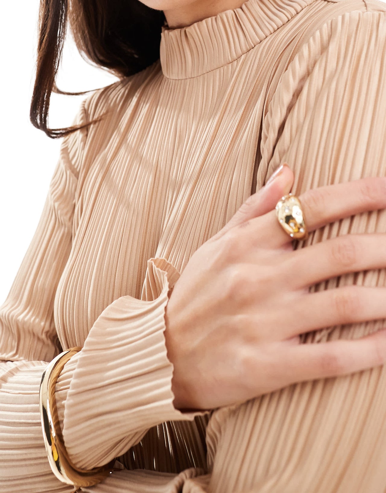 Vero Moda high neck plisse mini dress in brown