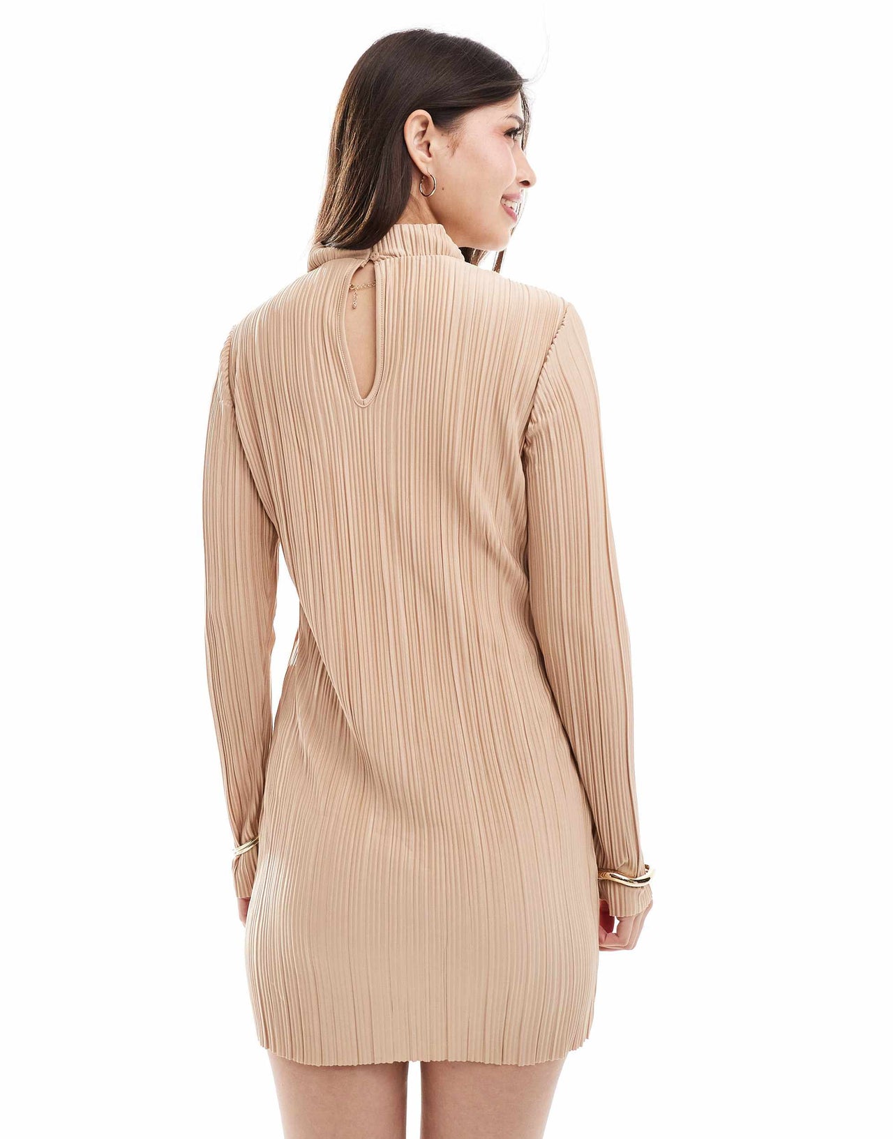 Vero Moda high neck plisse mini dress in brown