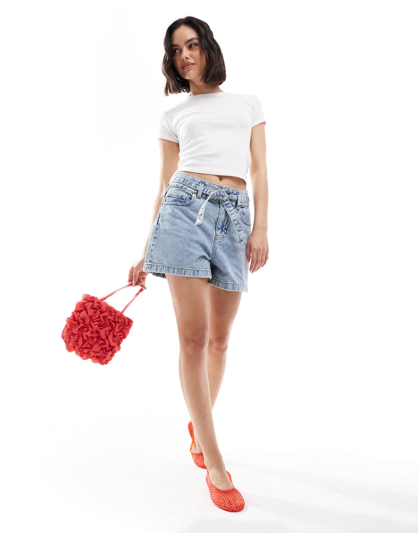 JJXX denim shorts with tie waist in light blue