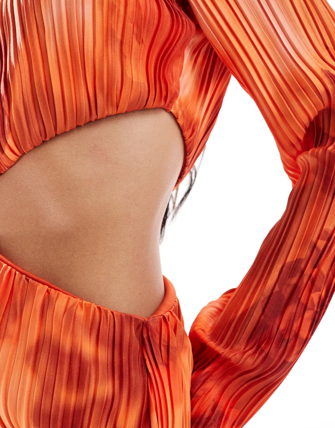 ASOS DESIGN plisse long sleeve cut out detail maxi dress in orange floral