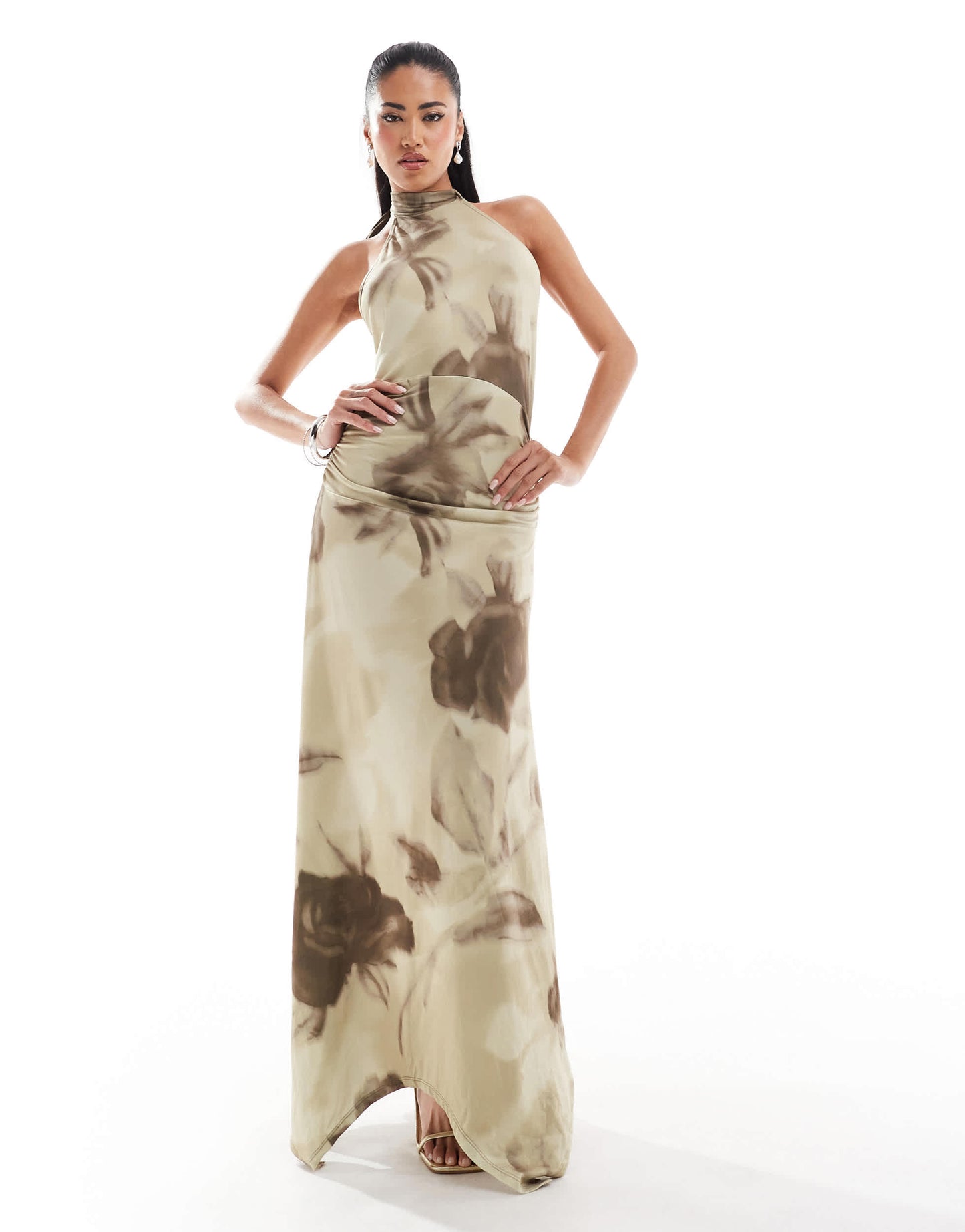 ASOS DESIGN halter neck asym hem midi dress in smokey floral
