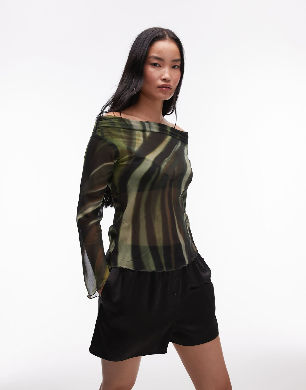 Mango off shoulder print detail mesh top in black