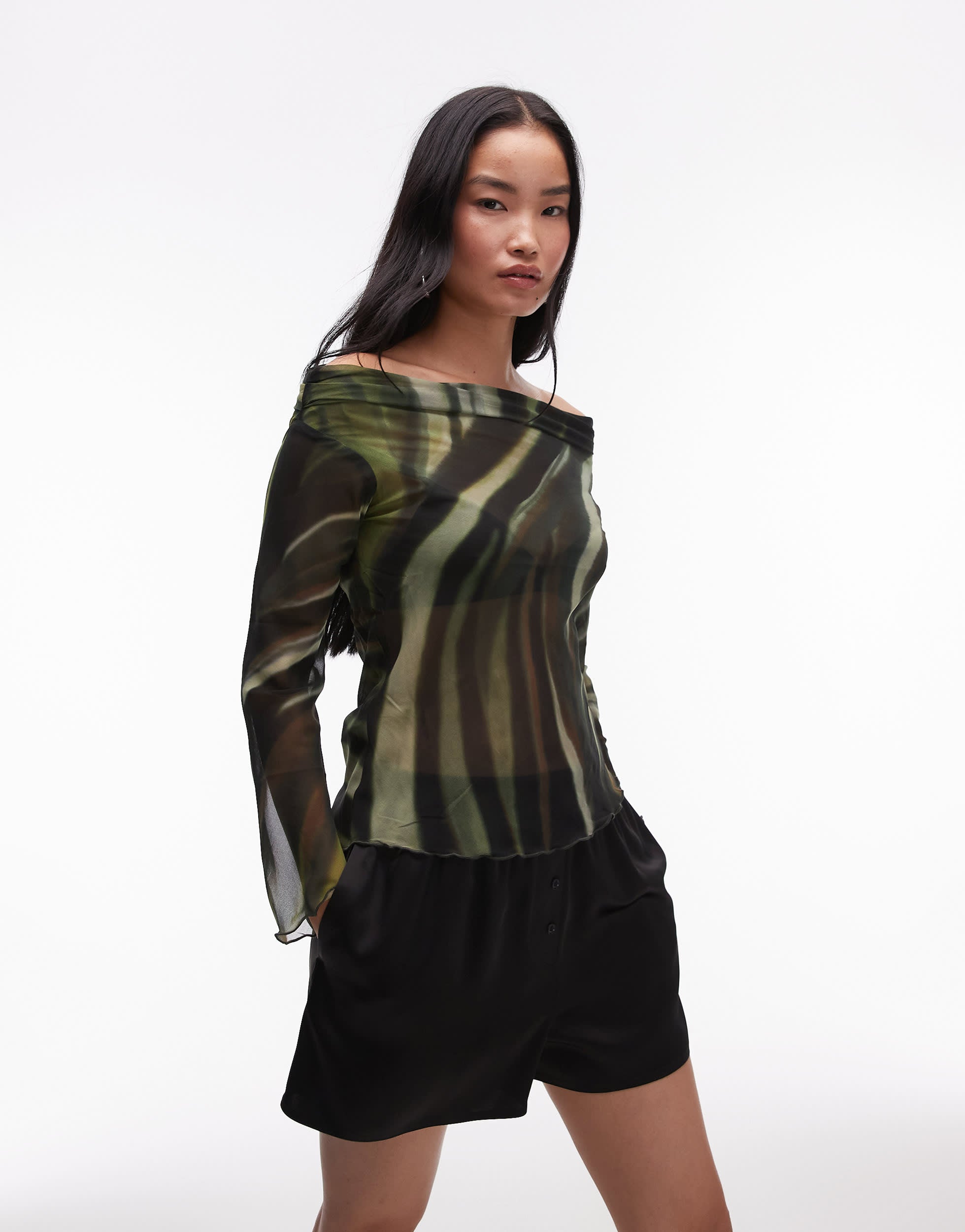 Mango off shoulder print detail mesh top in black