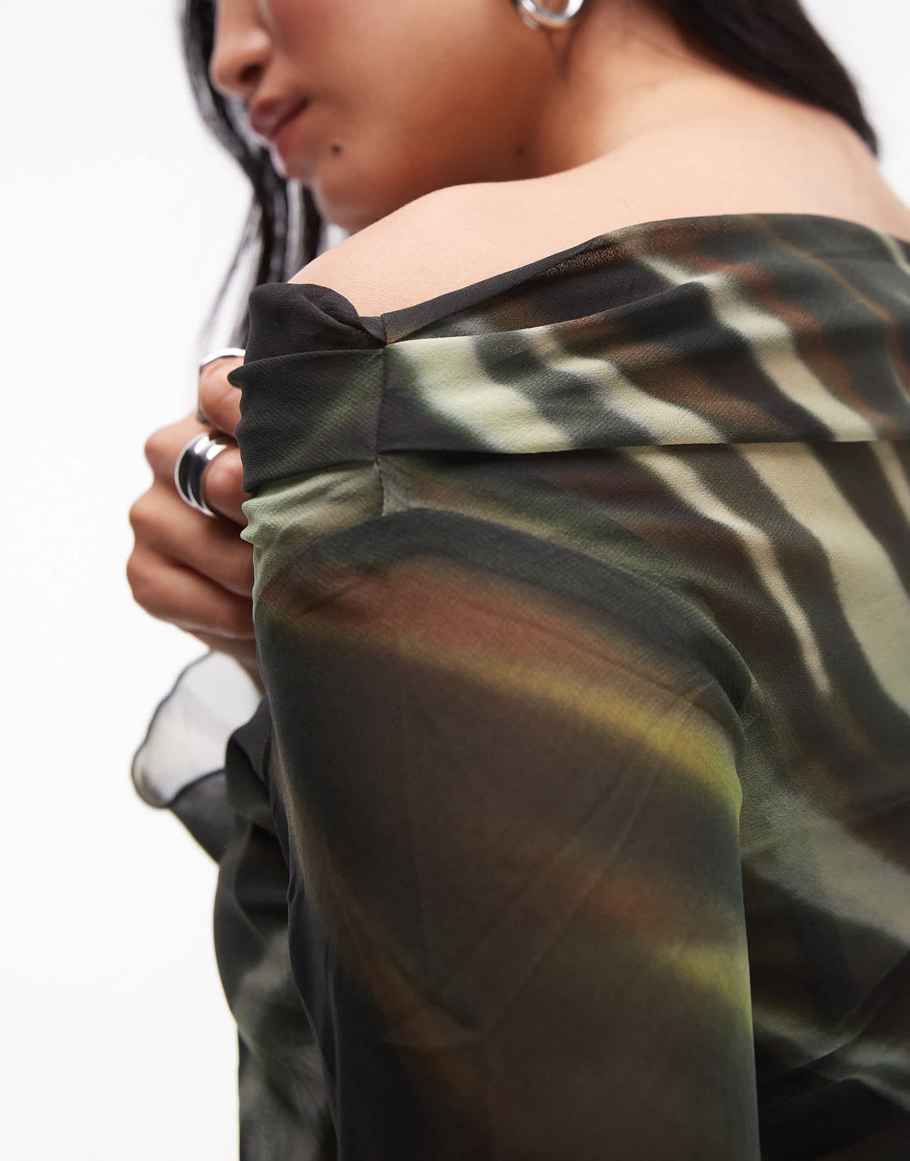 Mango off shoulder print detail mesh top in black