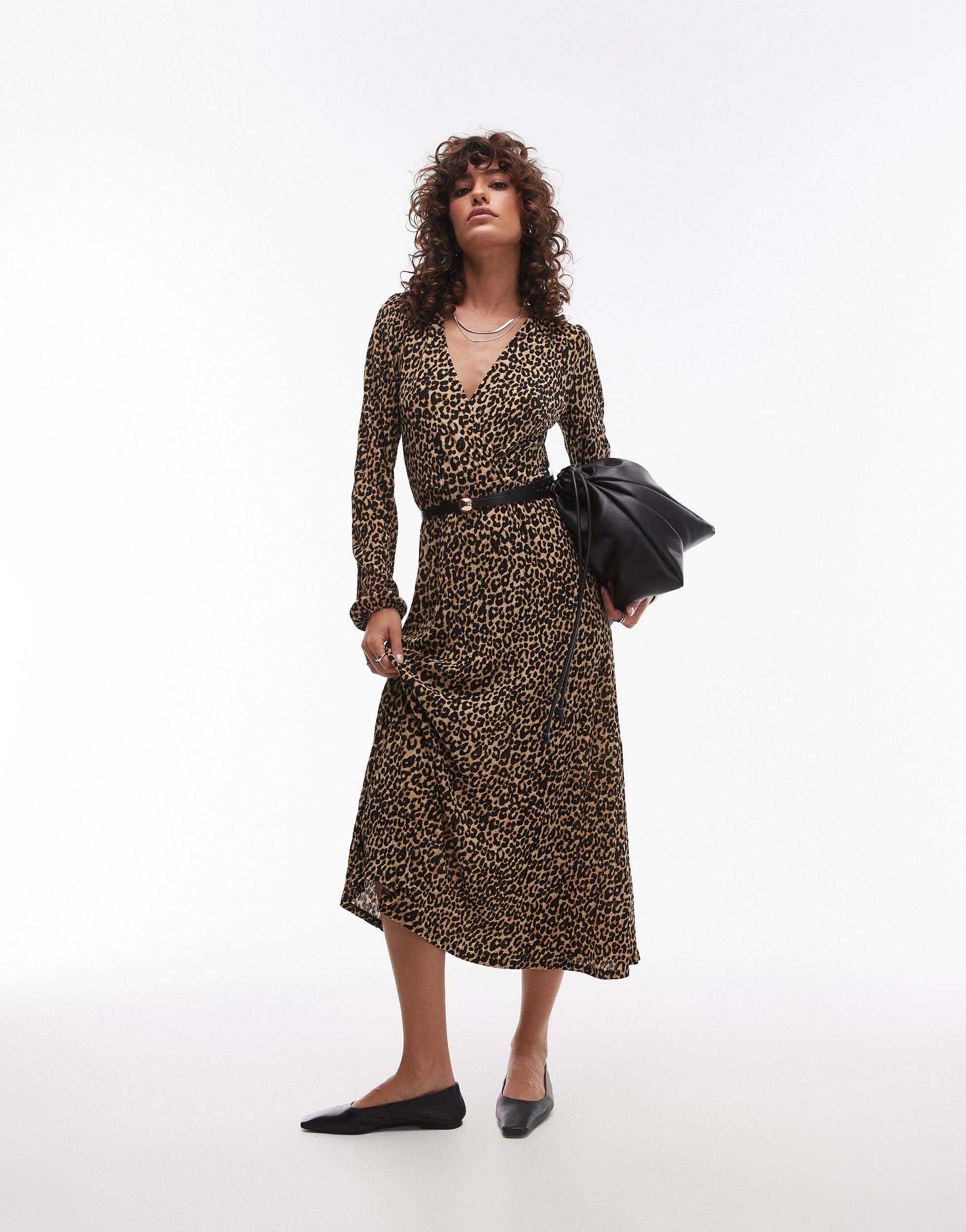 Mango v-neck long sleeve leopard print midi dress in brown