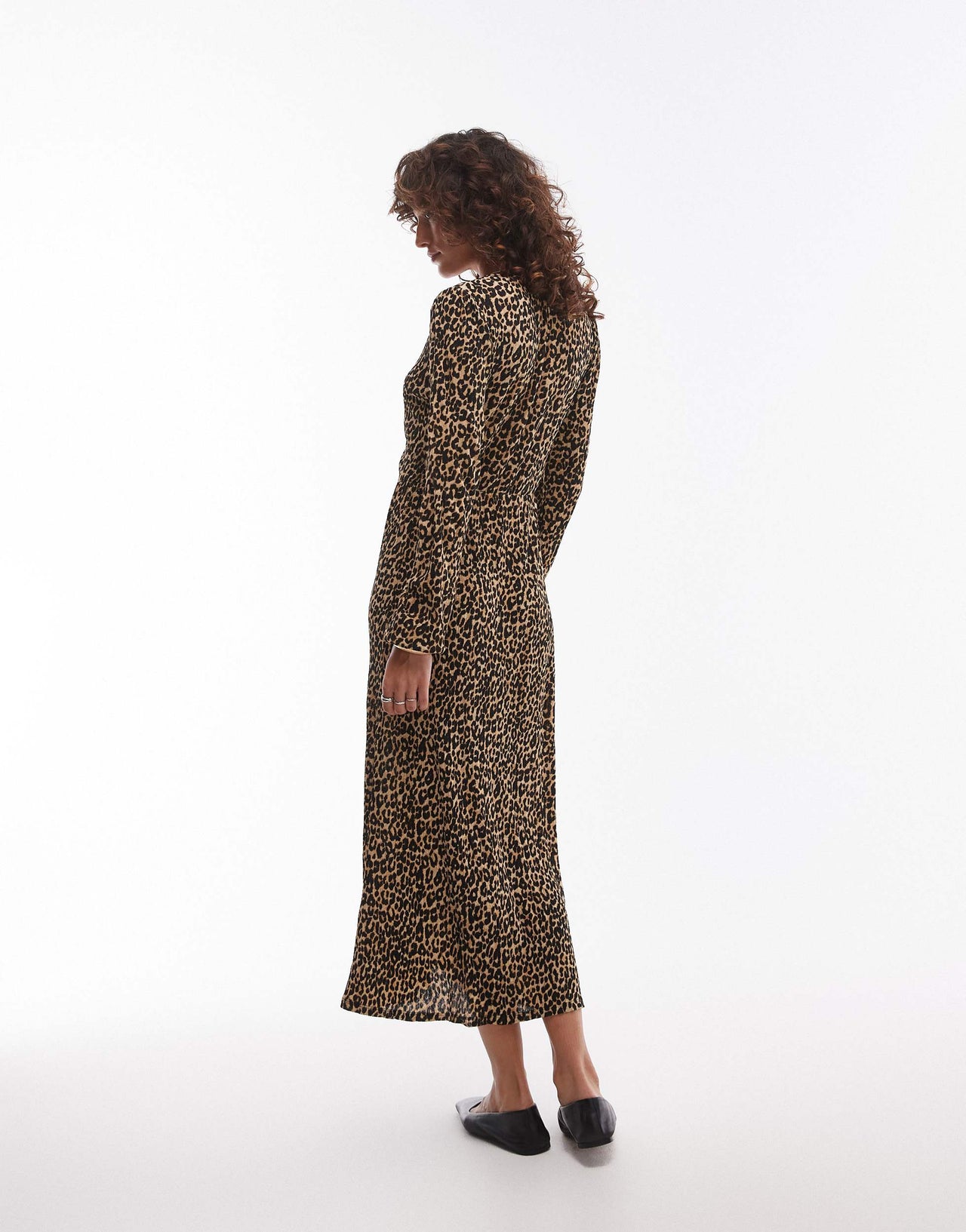 Mango v-neck long sleeve leopard print midi dress in brown