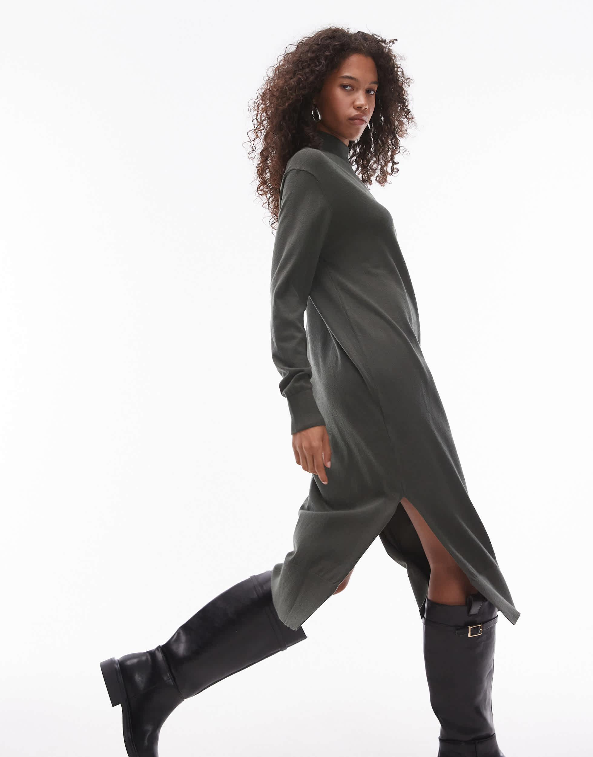 Mango high neck split side knitted maxi dress in dark green