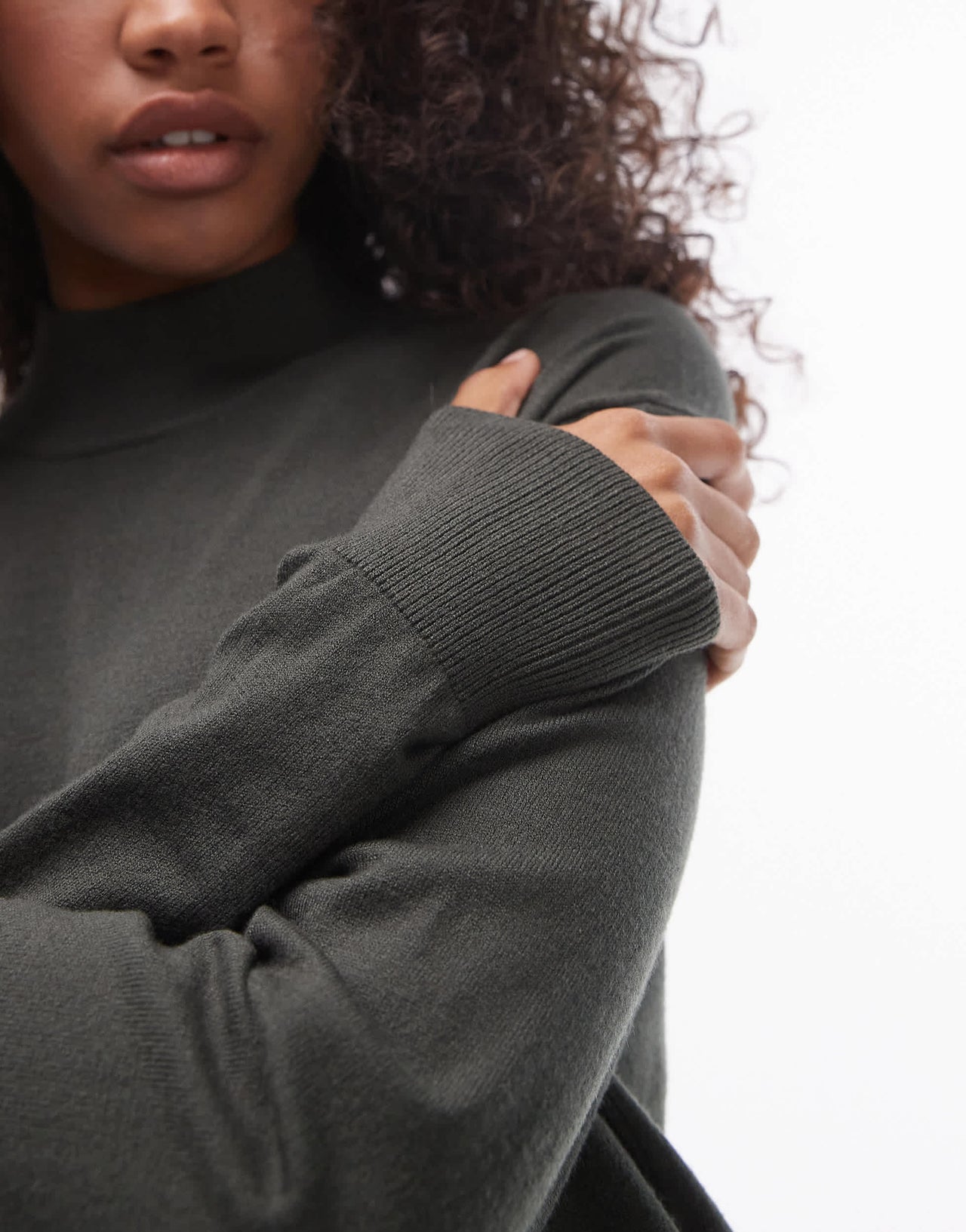 Mango high neck split side knitted maxi dress in dark green