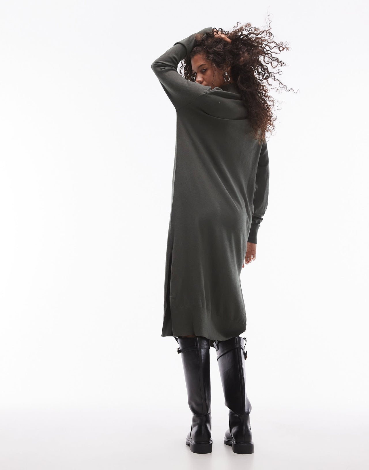 Mango high neck split side knitted maxi dress in dark green