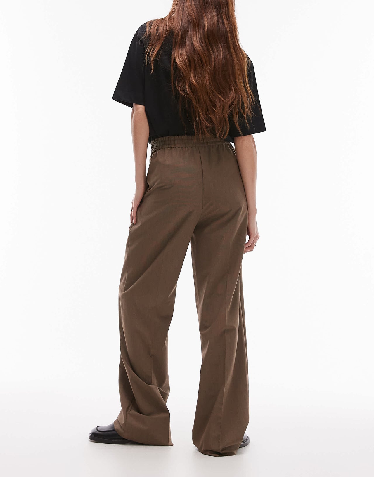 Mango elasticated tie waist relaxed trouser in brown