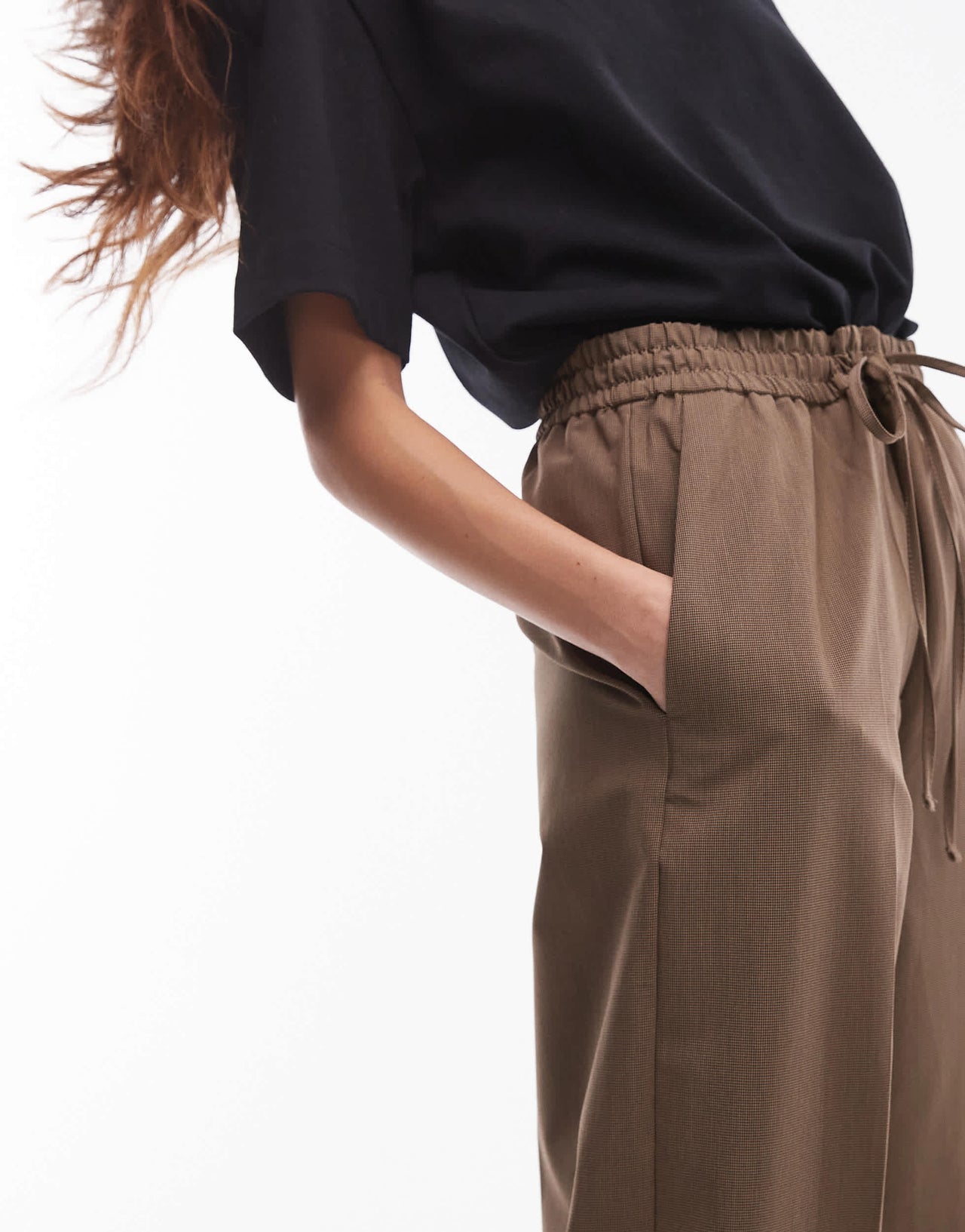 Mango elasticated tie waist relaxed trouser in brown