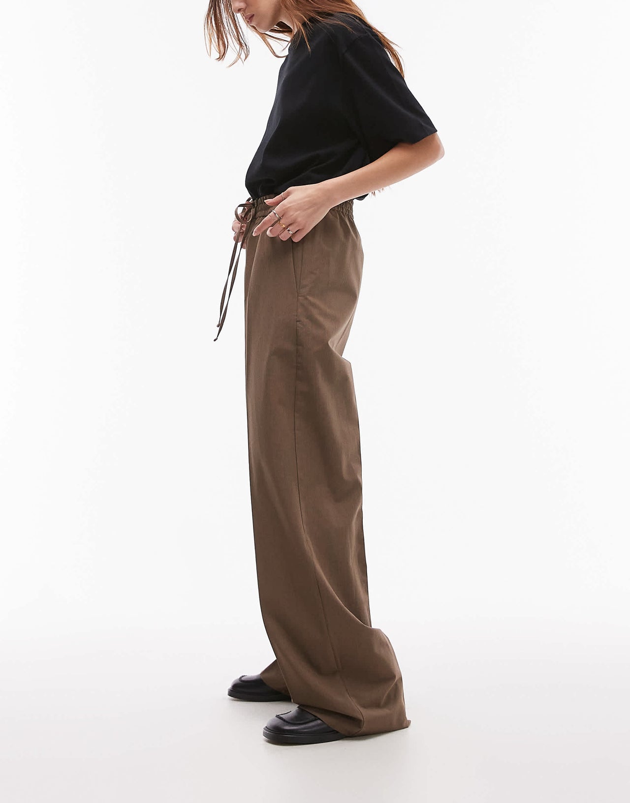 Mango elasticated tie waist relaxed trouser in brown