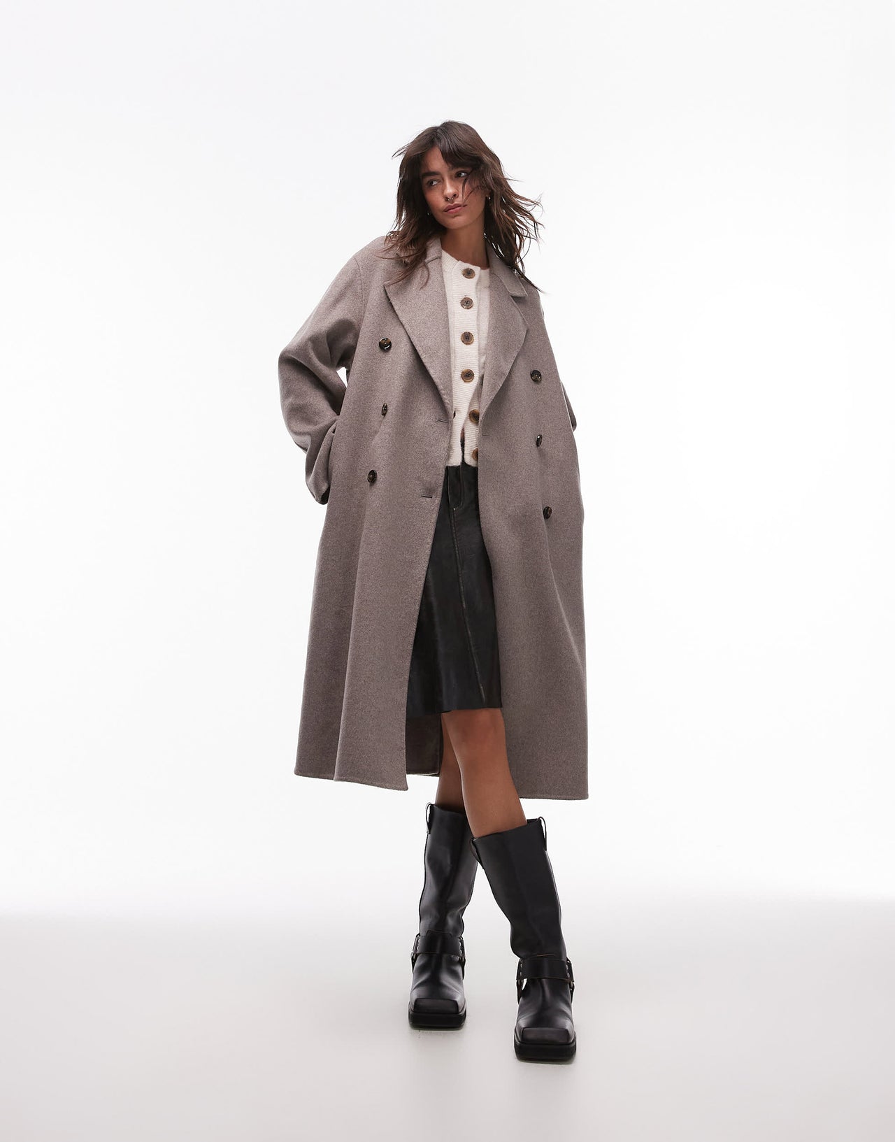 Mango double breasted longline wool coat in brown
