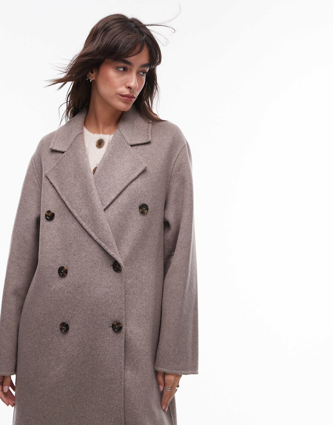 Mango double breasted longline wool coat in brown