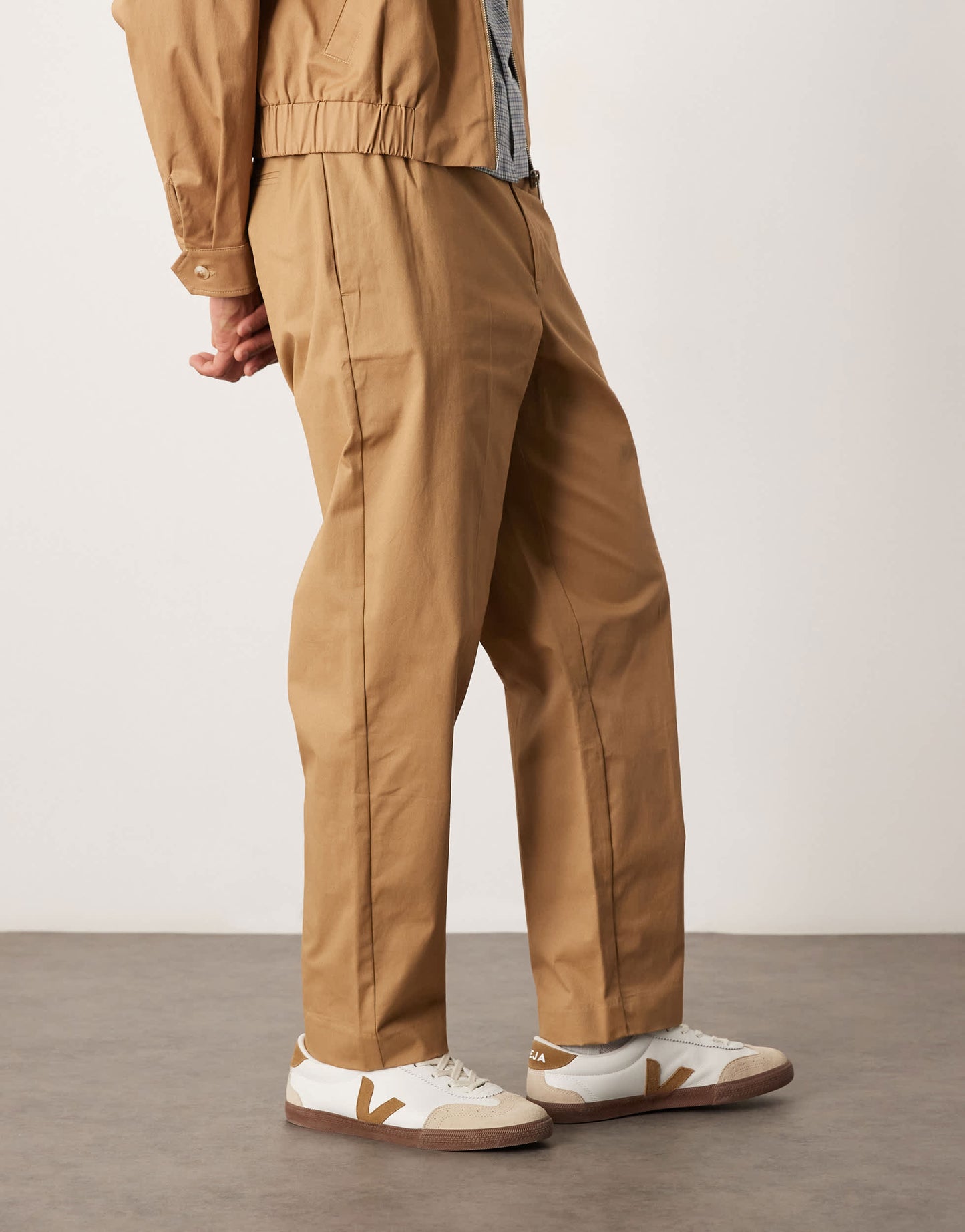 ASOS DESIGN peached cotton rich smart co-ord oversized tapered trousers in camel with elasticated waist