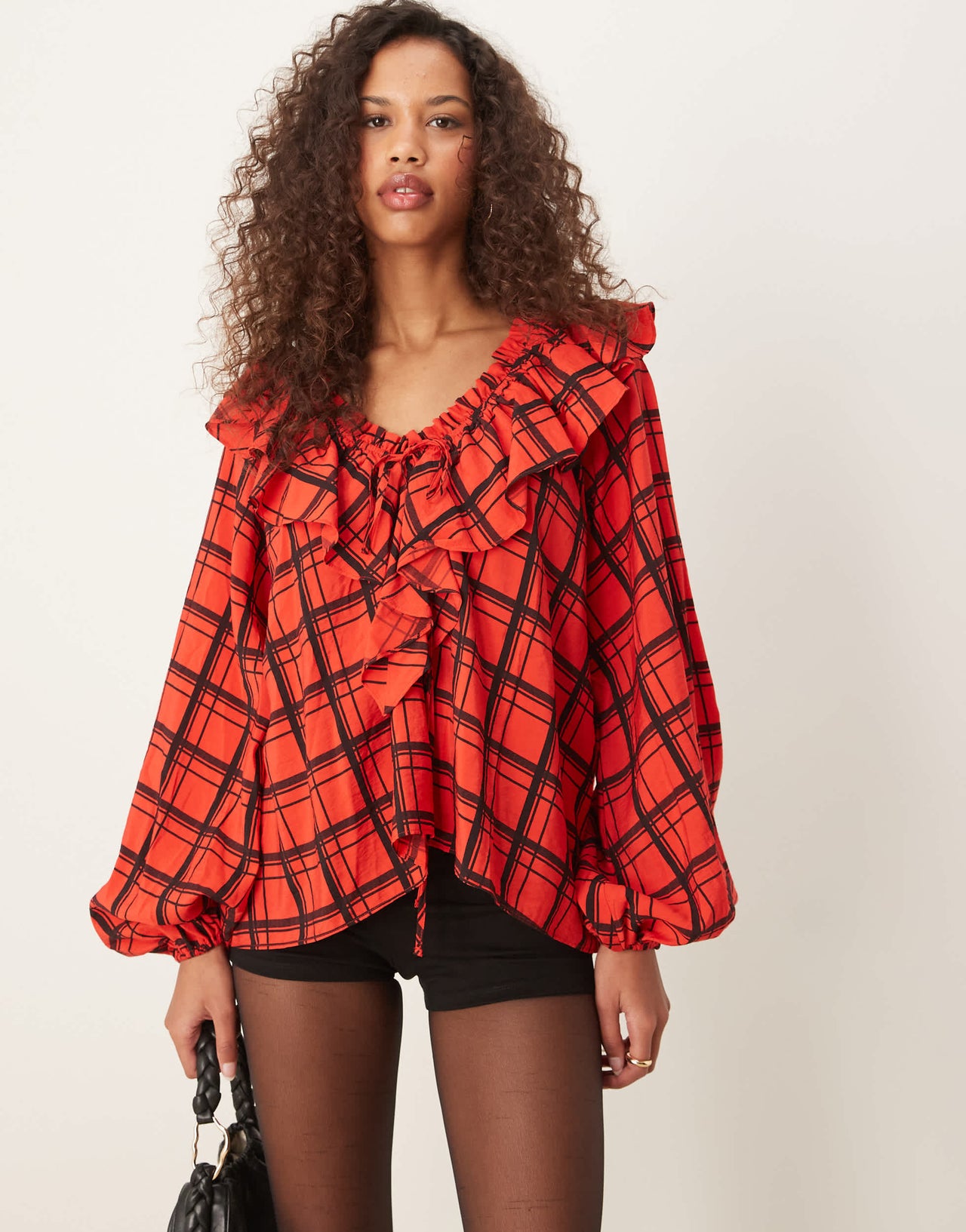 ASOS DESIGN V neck ruffle top in red check