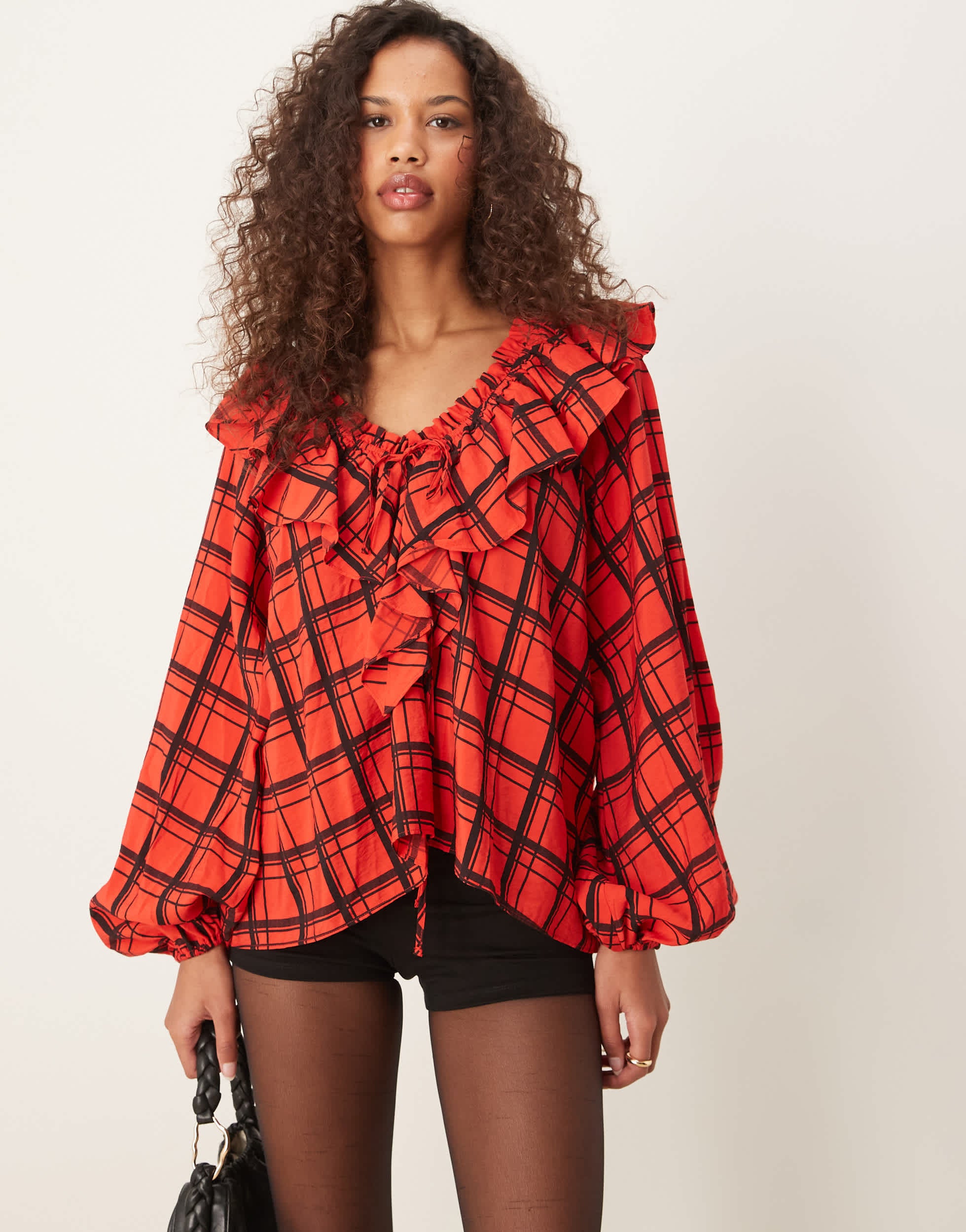 ASOS DESIGN V neck ruffle top in red check