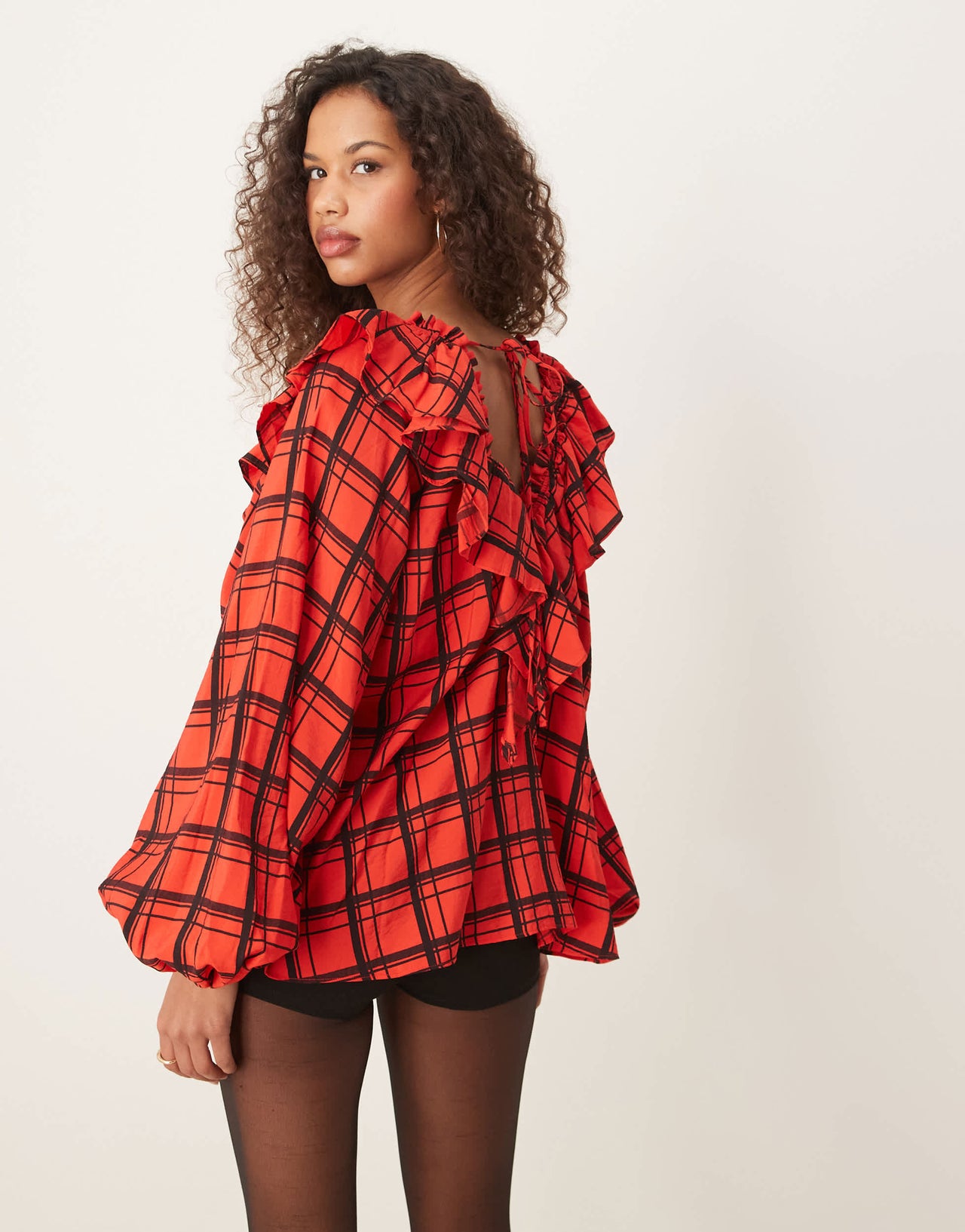 ASOS DESIGN V neck ruffle top in red check