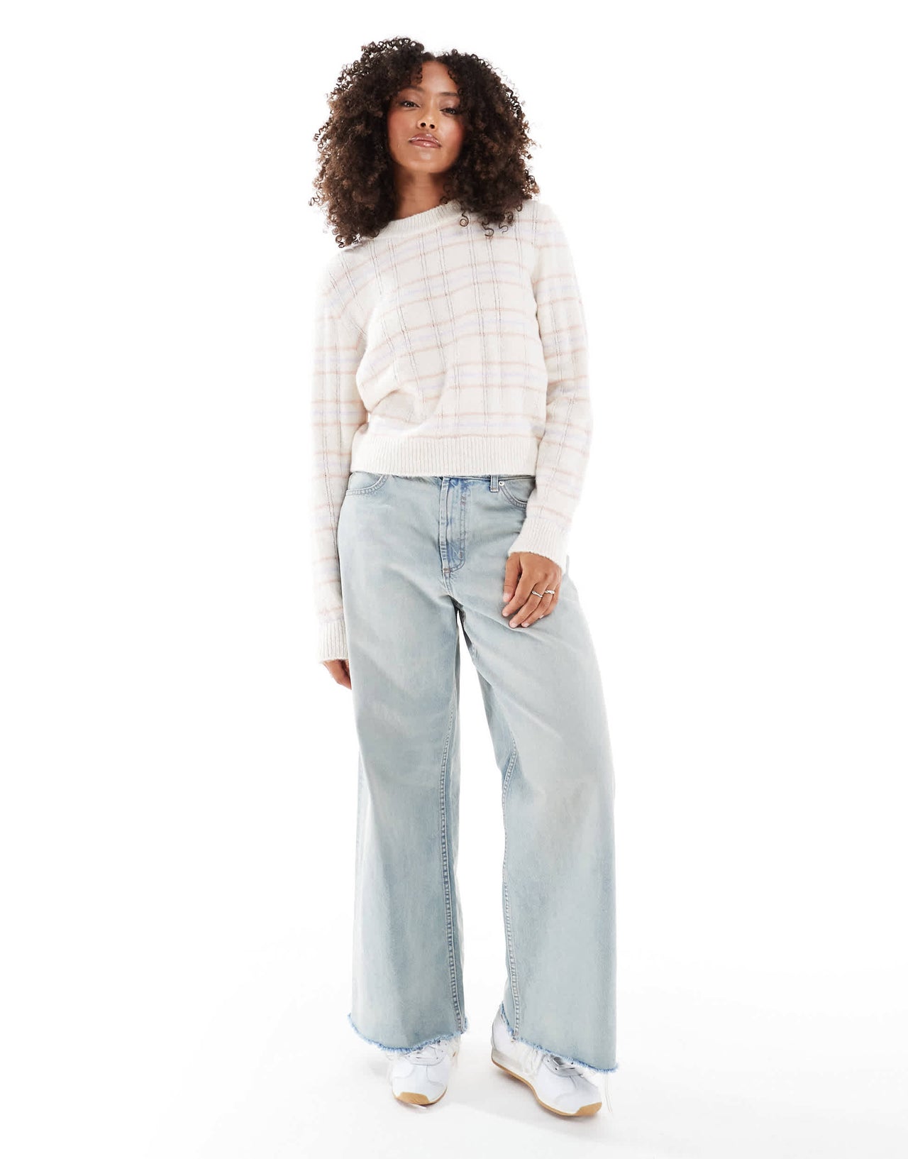 ASOS DESIGN knitted fluffy checked jumper in ecru