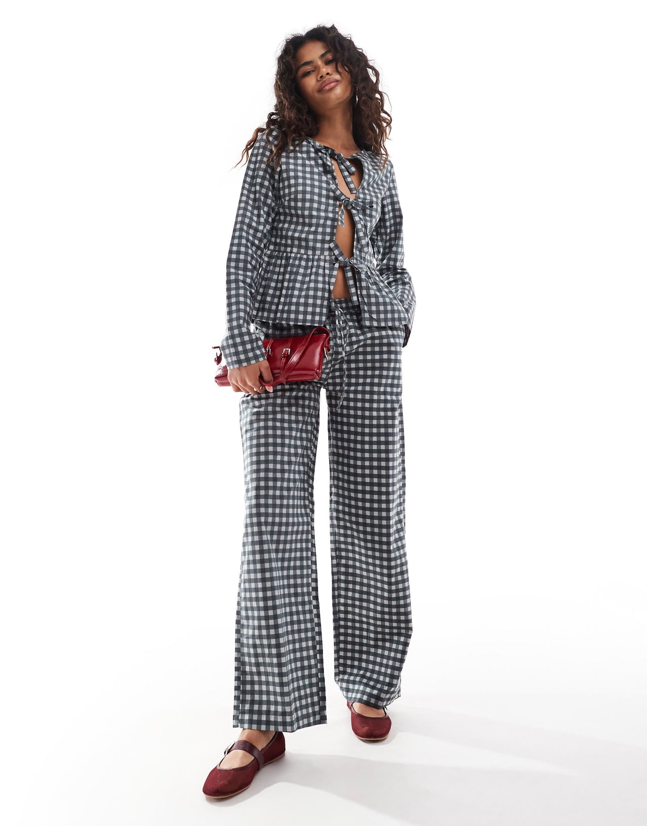 Motel bertaria bow front long sleeve blouse in black grey co-ord