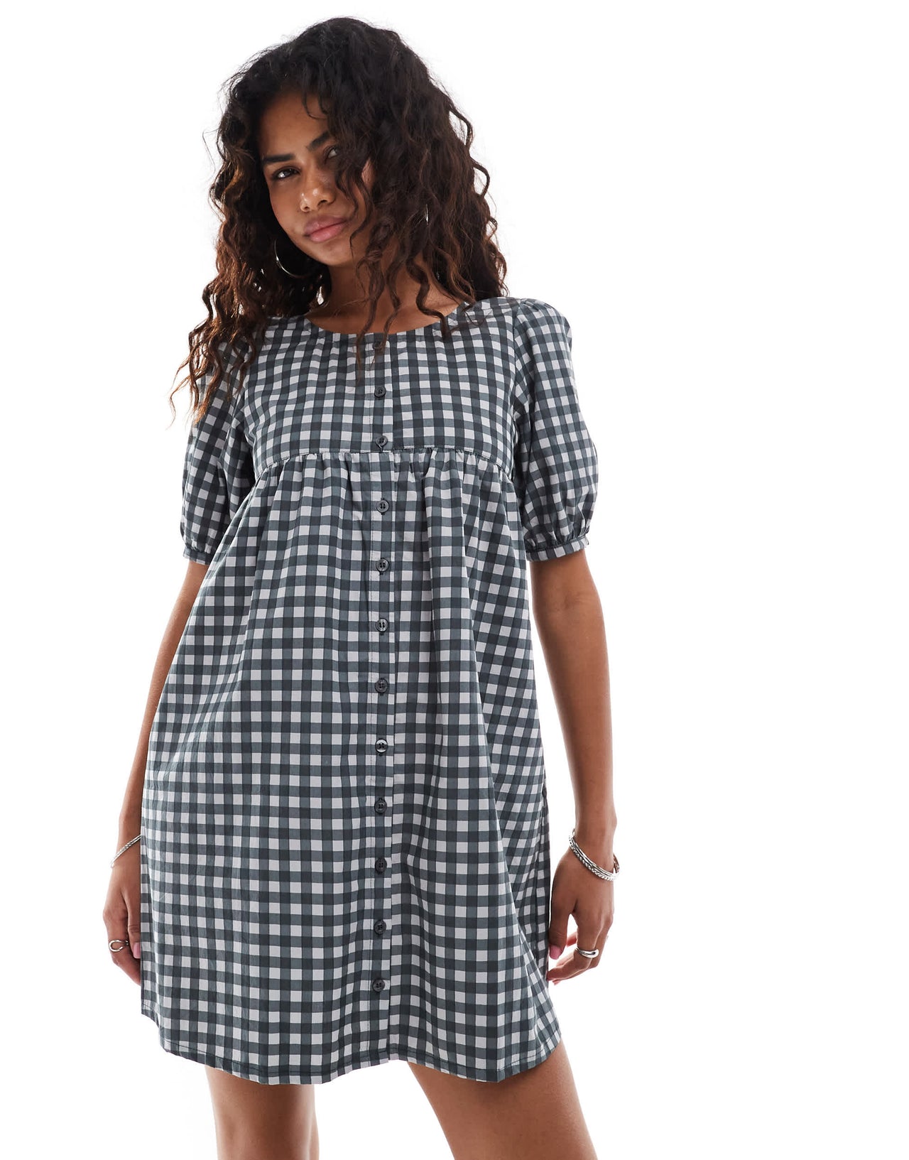 Motel cybera puff sleeve smock mini dress in black grey