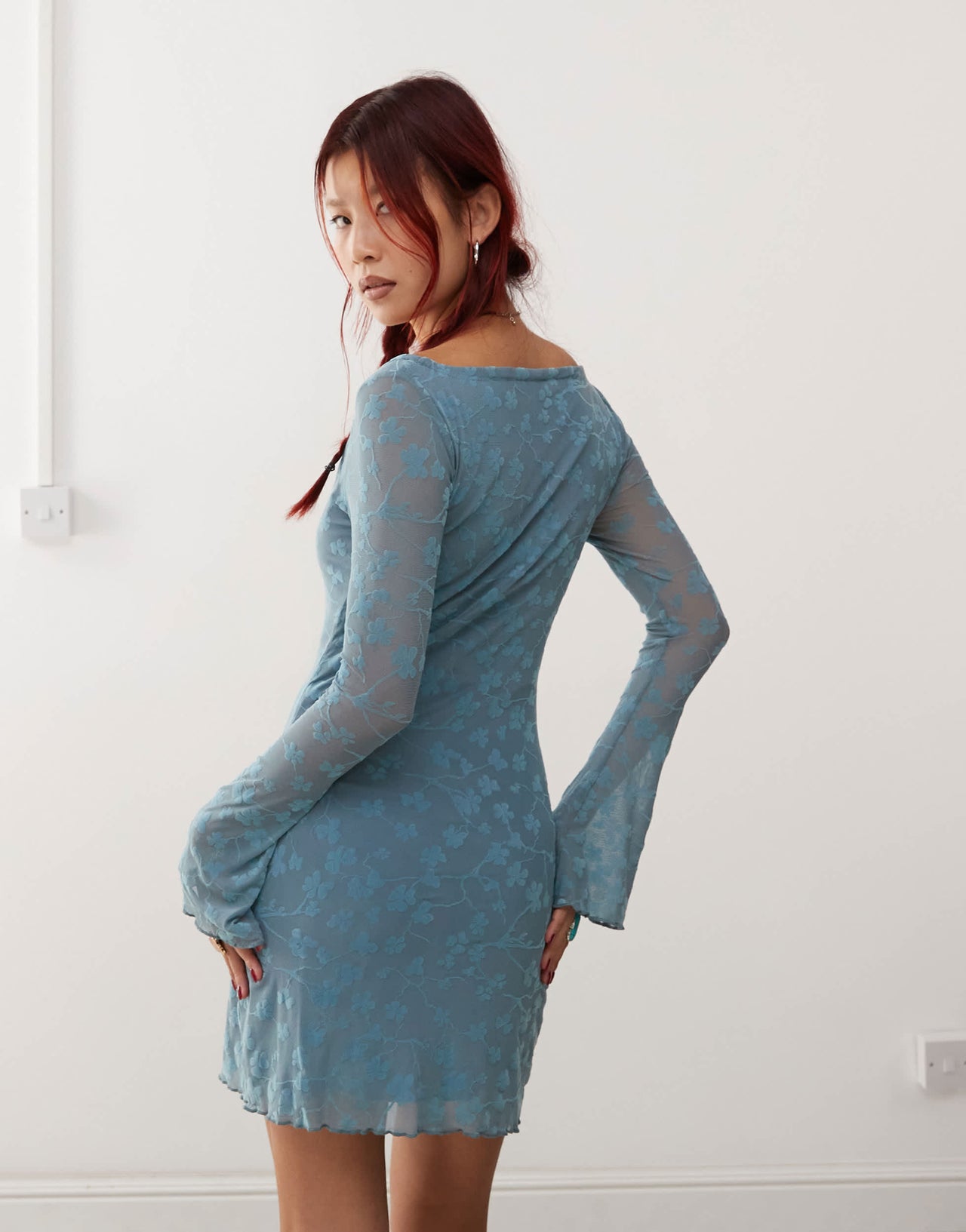 Motel tatyana floral print long sleeve mini dress in blue grey