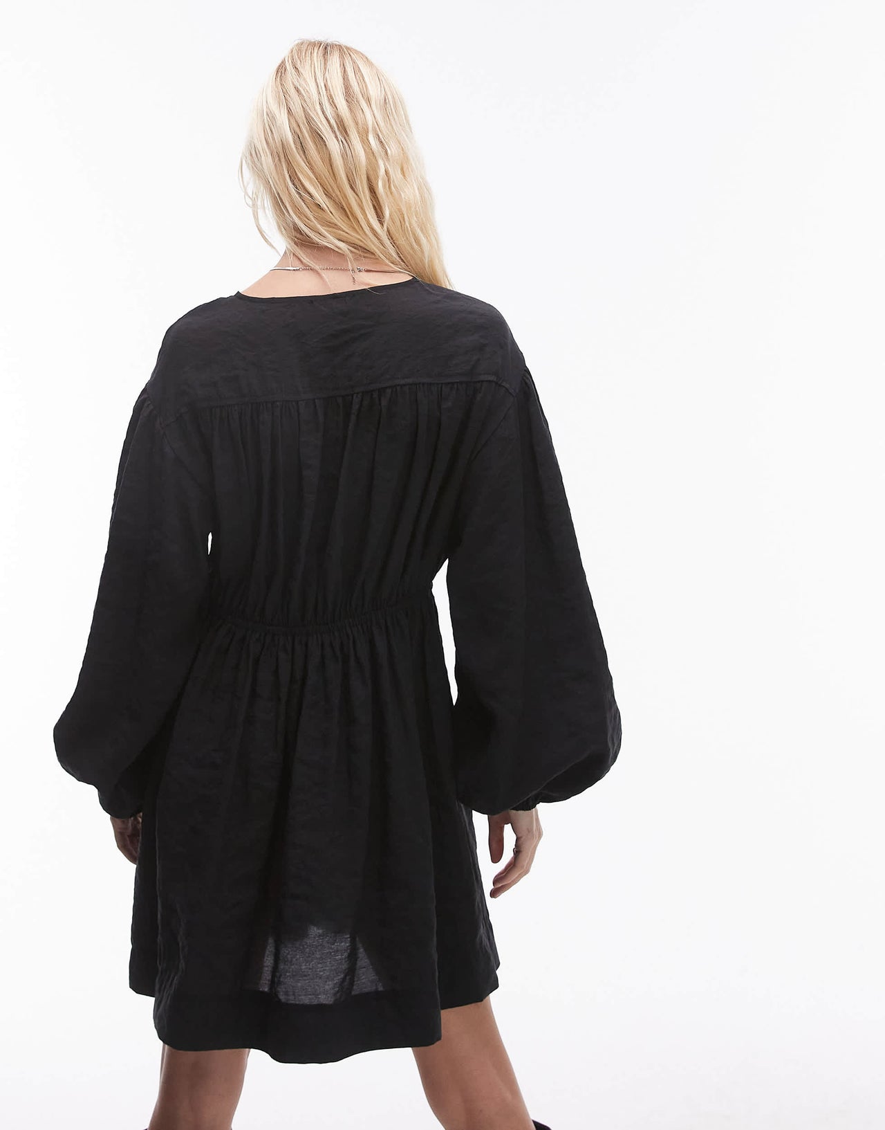 Topshop tie front long sleeve mini dress in washed black