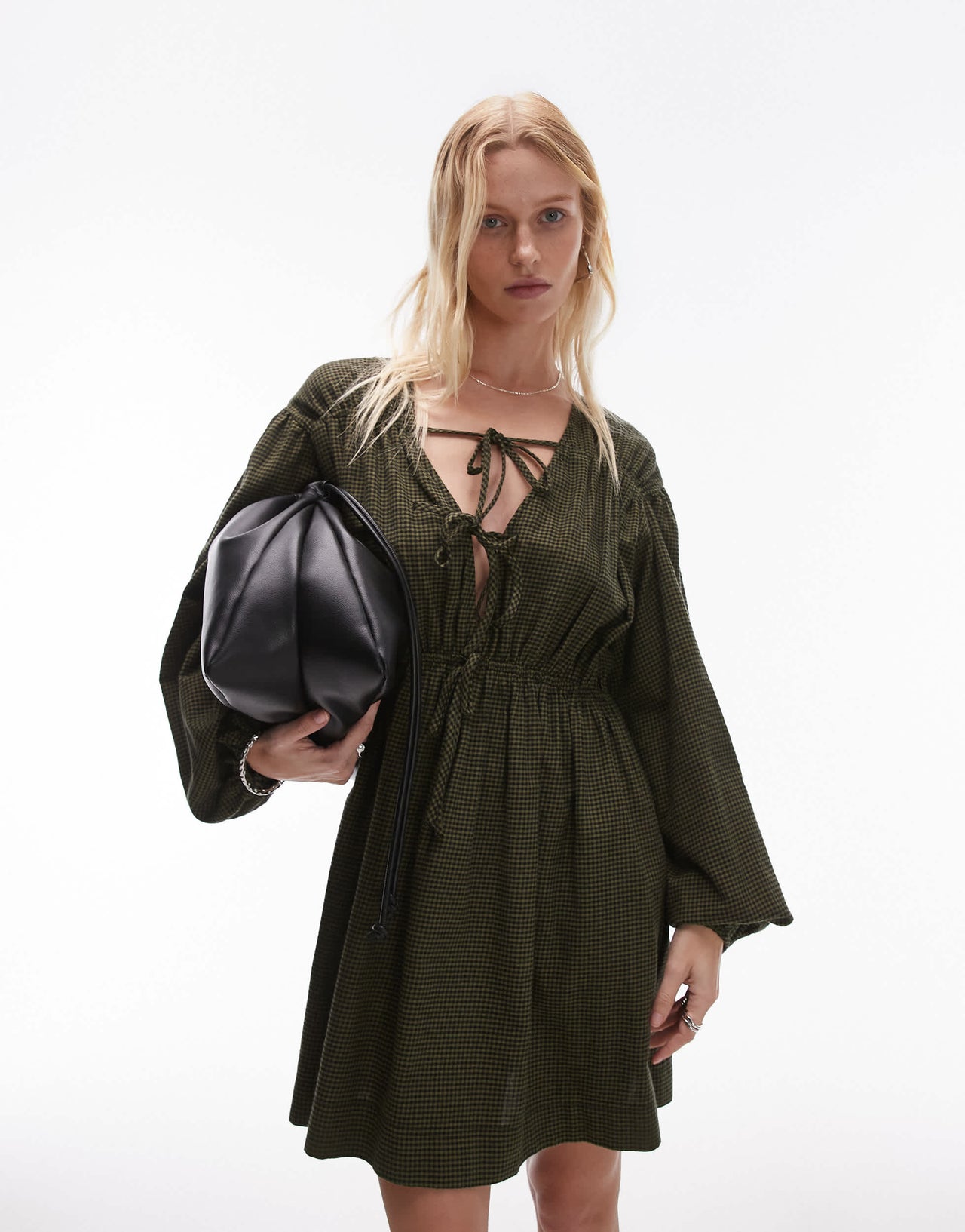 Topshop tie front mini dress in khaki check