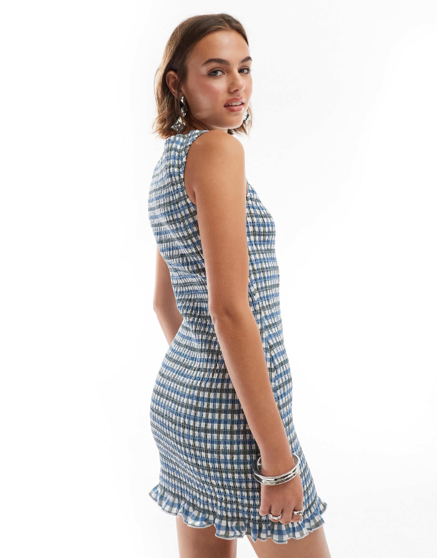 ASOS DESIGN shirred slash neck mini dress in check print