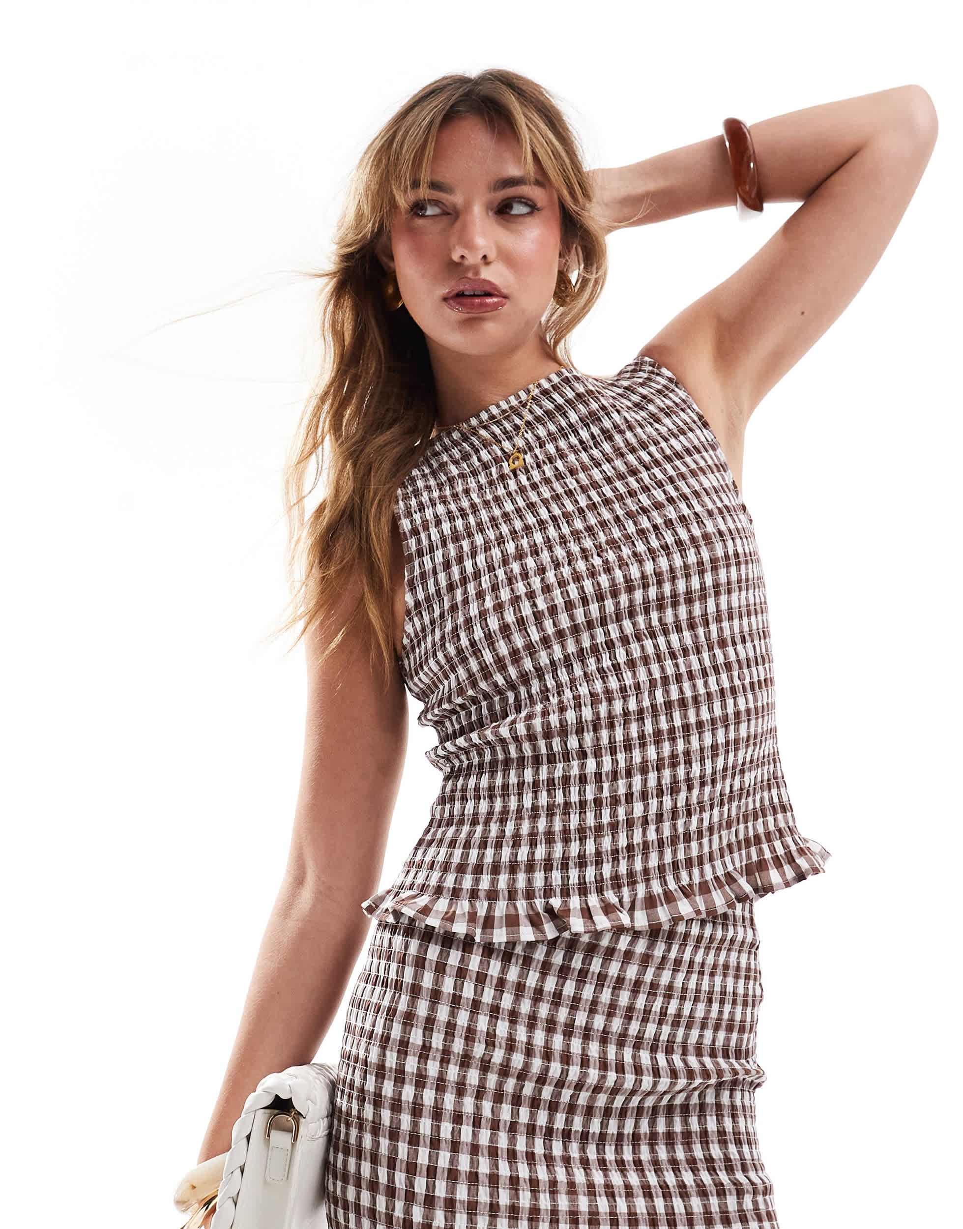 ASOS DESIGN  shirred slash neck top co ord in brown gingham