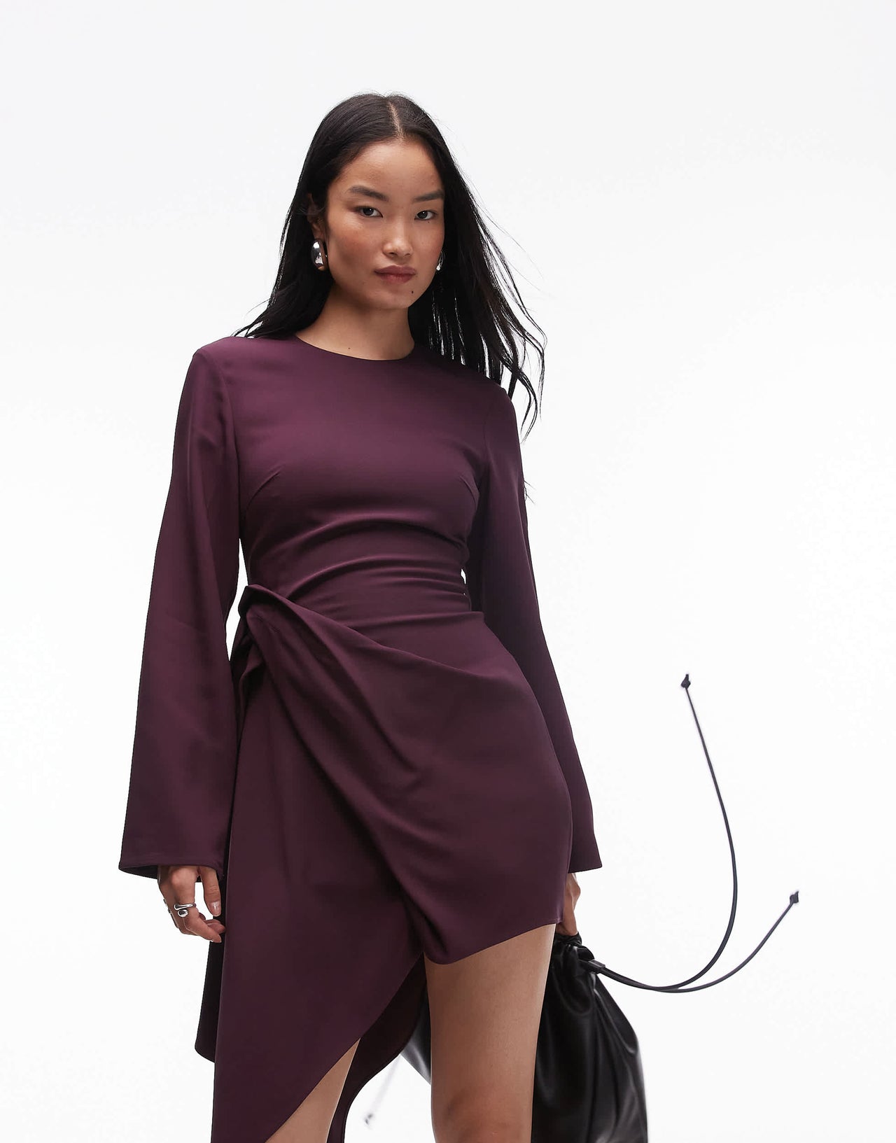 & Other Stories stretch mini dress with asymmetric draped train detail in burgundy