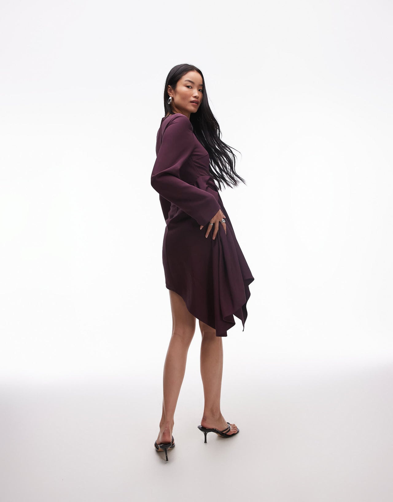 & Other Stories stretch mini dress with asymmetric draped train detail in burgundy