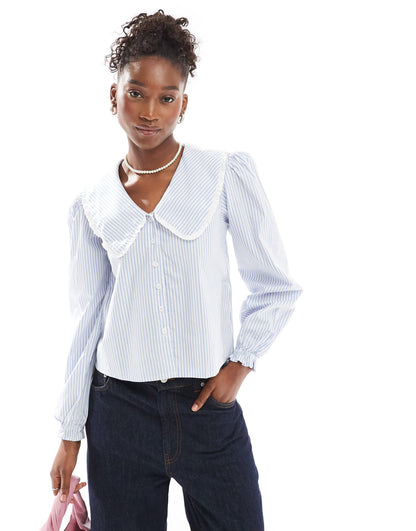 Motel nelcy striped collar detail blouse in light blue