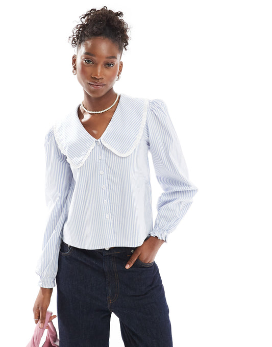Motel nelcy striped collar detail blouse in light blue