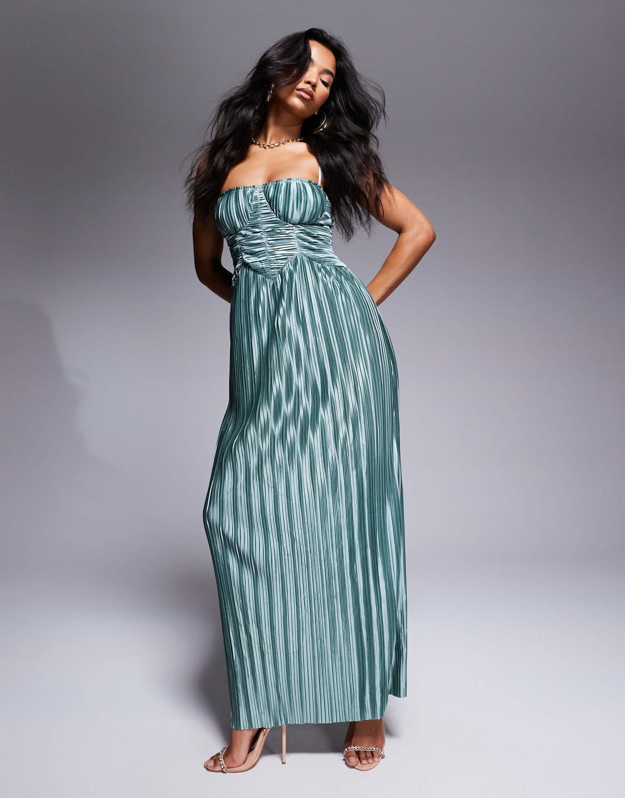 ASOS DESIGN metallic plisse cupped ruched detail maxi dress in green
