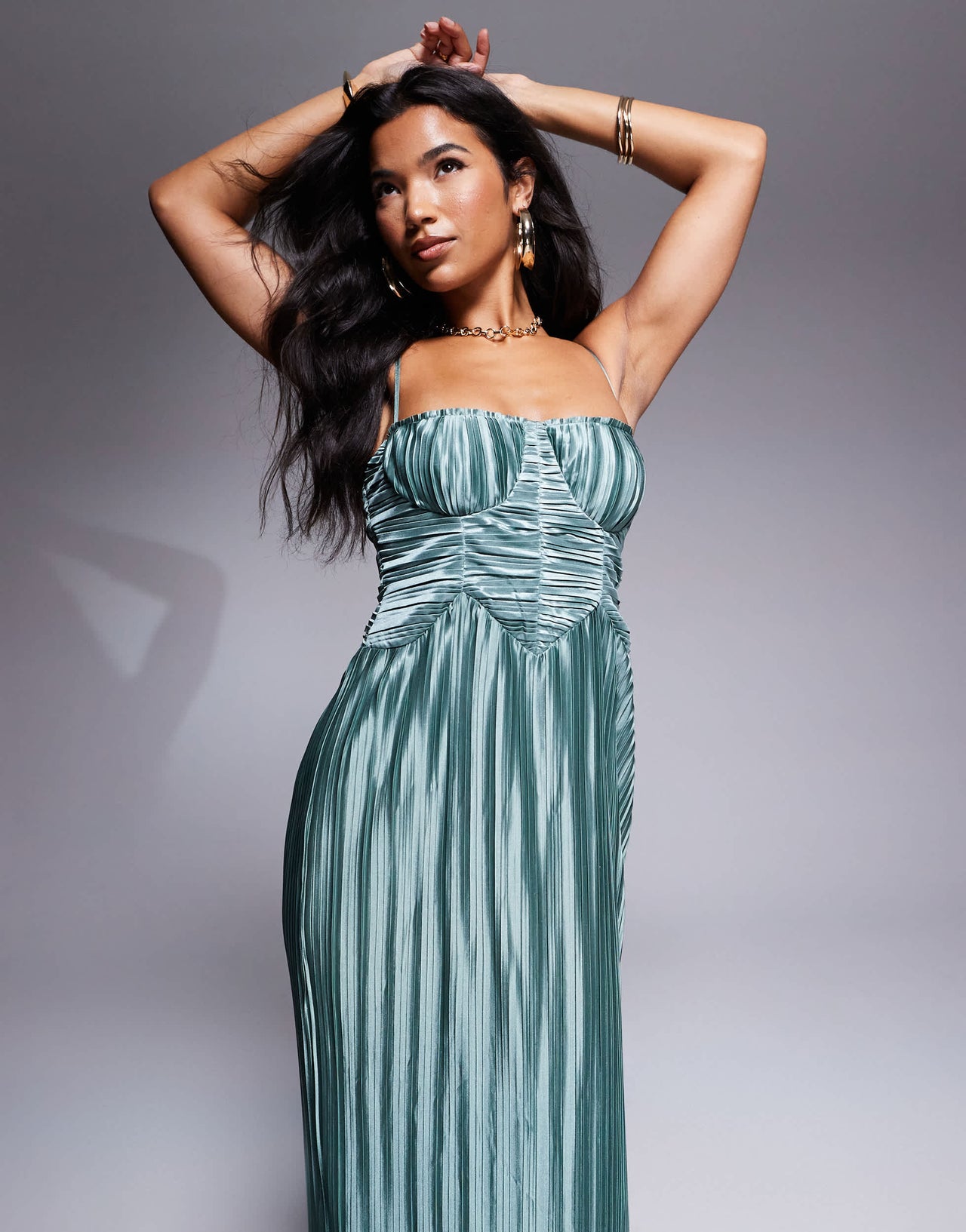 ASOS DESIGN metallic plisse cupped ruched detail maxi dress in green