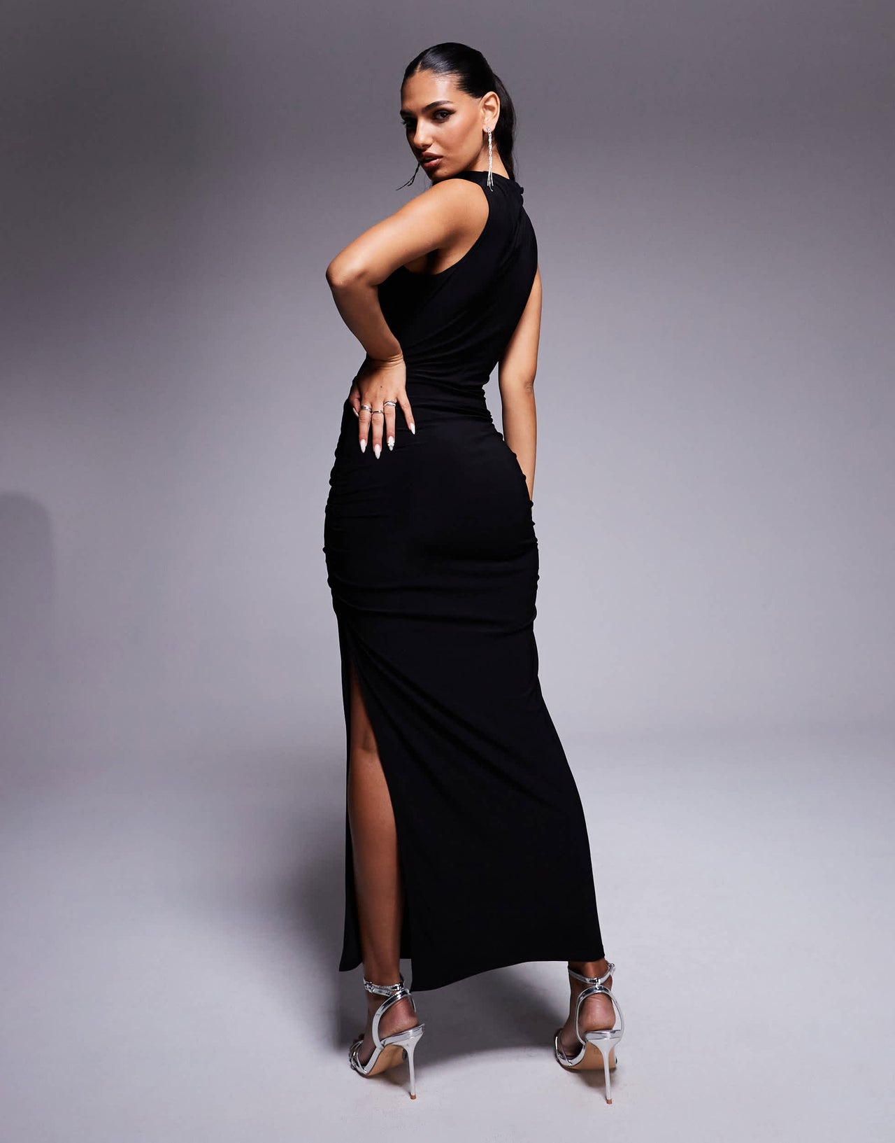 ASOS DESIGN slinky midi dress with cinched trim detail in black