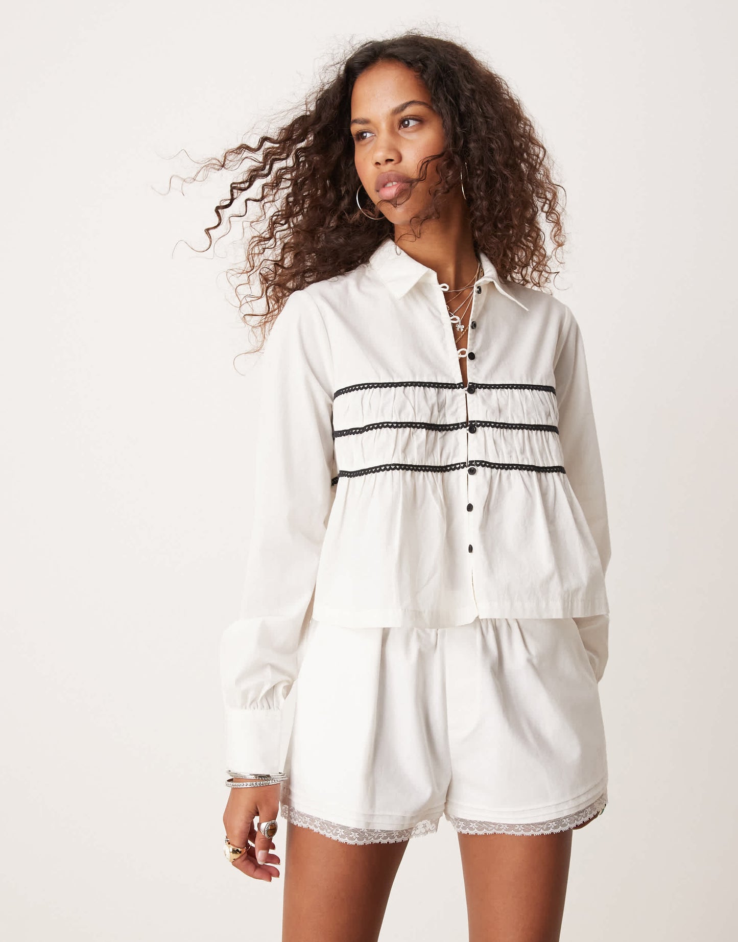 Free People lace detail cropped blouse in white and black